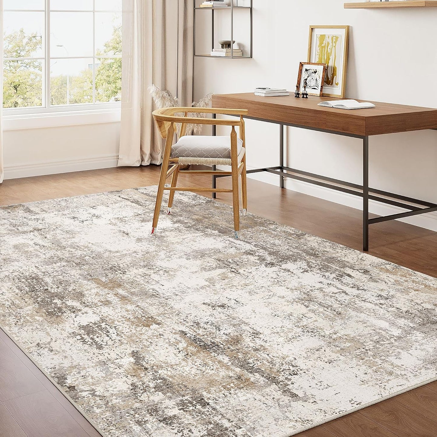6x9 Washable Area Rug Beige Grey Neutral Abstract Living Room Bedroom Large Throw Rug Non Slip Soft Low Pile Indoor Floor Carpet for Dining Room Kitchen Office Entryway