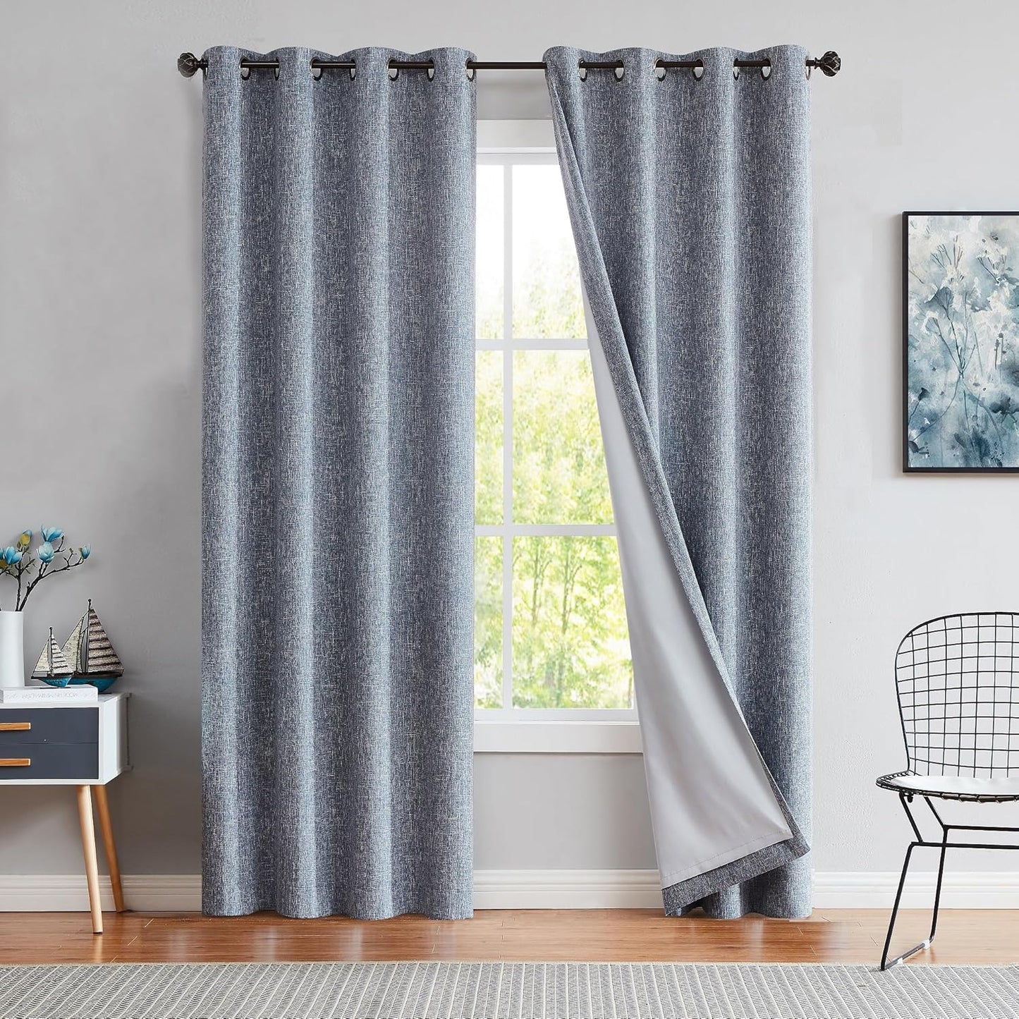 Navy Solid Full Blackout Curtain Heavy Linen Texture Window Treatment for Bedroom Noise Reducing Thermal Insulated Drapes 8 Grommets Top for Living Room with Liner, Indigo Blue, 50" x 84" x 2