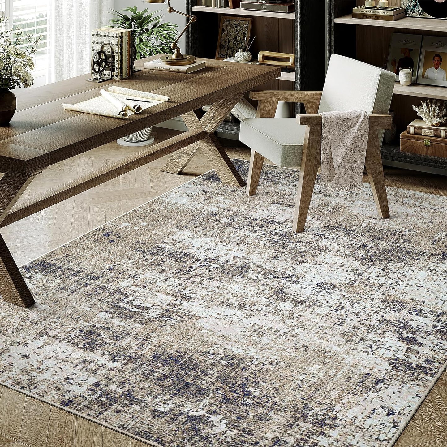 Washable Brown Area Rug 8x10 Modern Abstract Living Room Large Carpet Bedroom Neutral Soft Throw Rug Low Pile Non Slip Indoor Contemporary Floor Cover for Dining Room Office