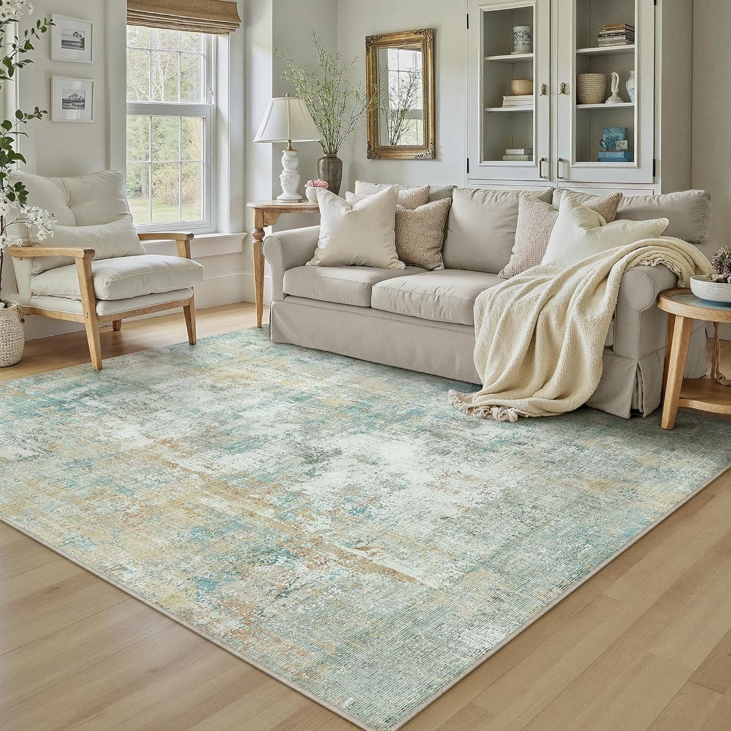 6x9 Washable Area Rug Beige Grey Neutral Abstract Living Room Bedroom Large Throw Rug Non Slip Soft Low Pile Indoor Floor Carpet for Dining Room Kitchen Office Entryway
