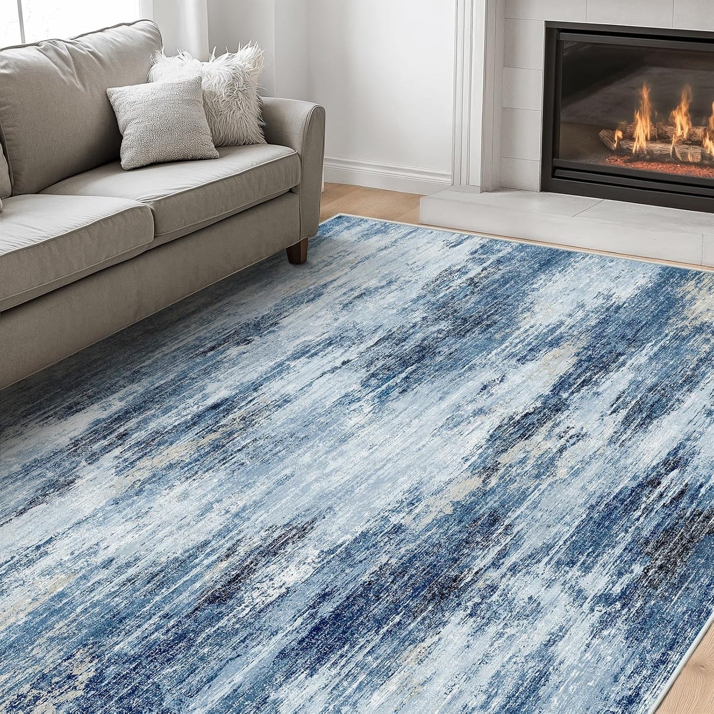 AMADA HOMEFURNISHING 8x10 Washable Area Rug, Modern Abstract Living Room Rug with Non-Slip Backing & Short Pile, Large Rug with Abstract Pattern for Living Room, Bedroom and Dinning Room, Dark Blue