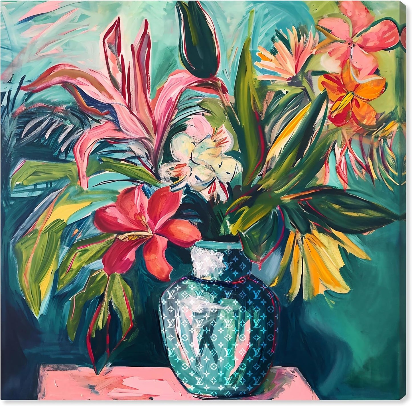 Vase Of Tropical Flowers Framed Flowers In Vase Paintings, 41.5" x 41.5", Gold Frame