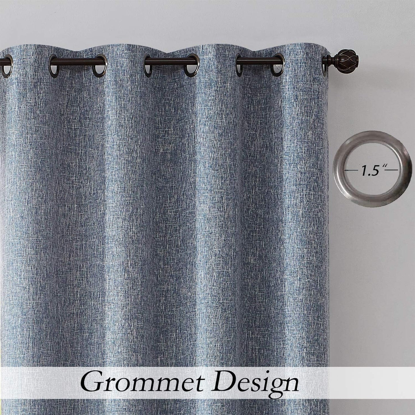 Navy Solid Full Blackout Curtain Heavy Linen Texture Window Treatment for Bedroom Noise Reducing Thermal Insulated Drapes 8 Grommets Top for Living Room with Liner, Indigo Blue, 50" x 84" x 2