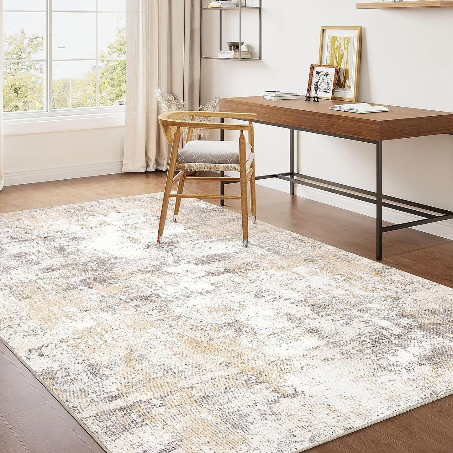 6x9 Washable Area Rug Beige Grey Neutral Abstract Living Room Bedroom Large Throw Rug Non Slip Soft Low Pile Indoor Floor Carpet for Dining Room Kitchen Office Entryway