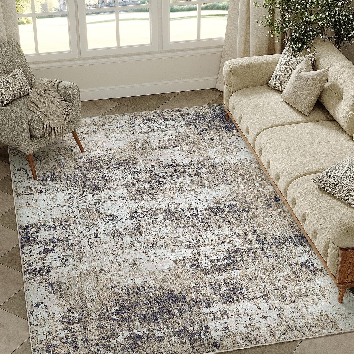 Washable Brown Area Rug 8x10 Modern Abstract Living Room Large Carpet Bedroom Neutral Soft Throw Rug Low Pile Non Slip Indoor Contemporary Floor Cover for Dining Room Office