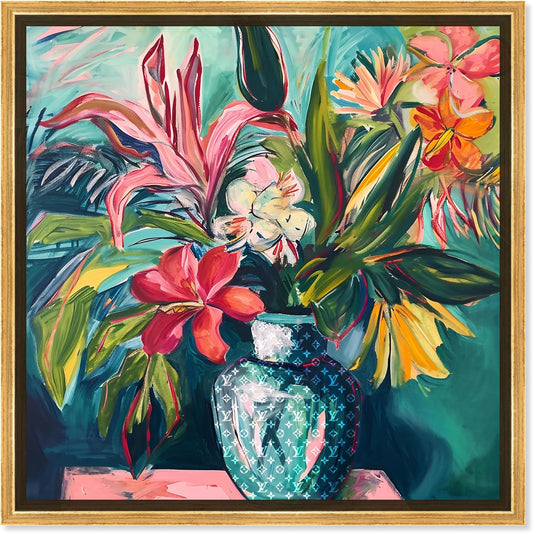 Vase Of Tropical Flowers Framed Flowers In Vase Paintings, 41.5" x 41.5", Gold Frame