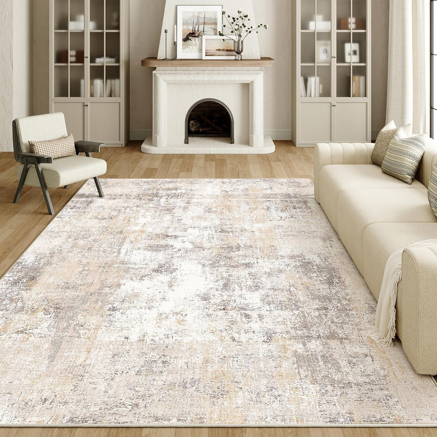 6x9 Washable Area Rug Beige Grey Neutral Abstract Living Room Bedroom Large Throw Rug Non Slip Soft Low Pile Indoor Floor Carpet for Dining Room Kitchen Office Entryway