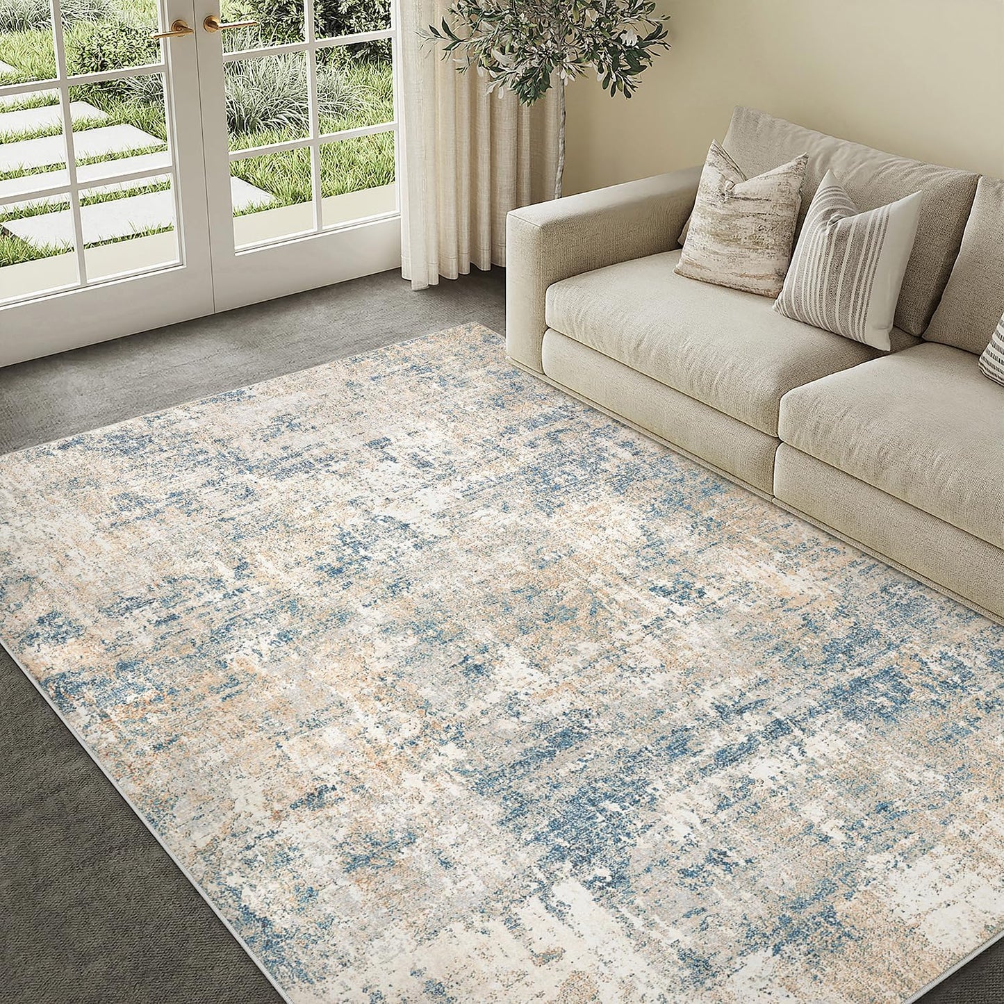 Washable Brown Area Rug 8x10 Modern Abstract Living Room Large Carpet Bedroom Neutral Soft Throw Rug Low Pile Non Slip Indoor Contemporary Floor Cover for Dining Room Office