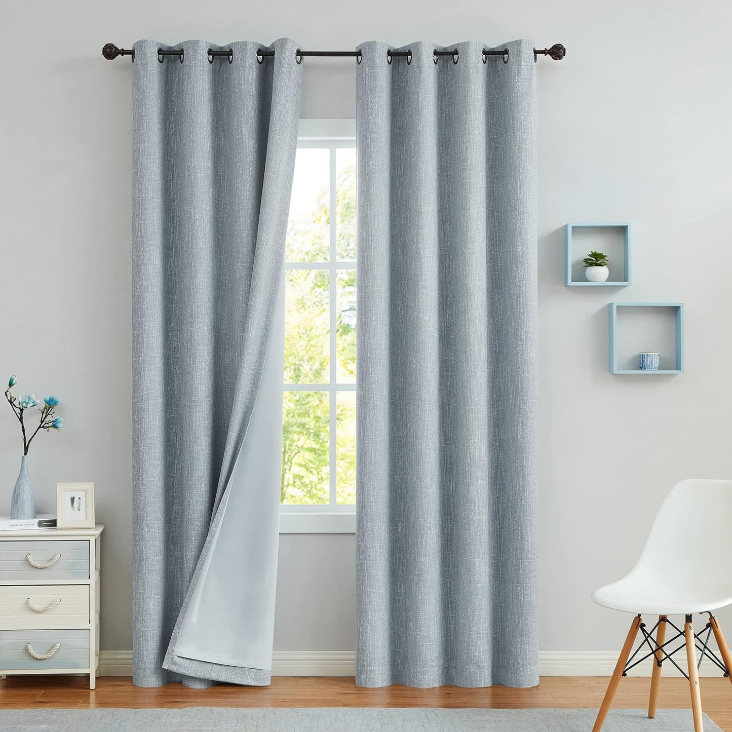 Navy Solid Full Blackout Curtain Heavy Linen Texture Window Treatment for Bedroom Noise Reducing Thermal Insulated Drapes 8 Grommets Top for Living Room with Liner, Indigo Blue, 50" x 84" x 2