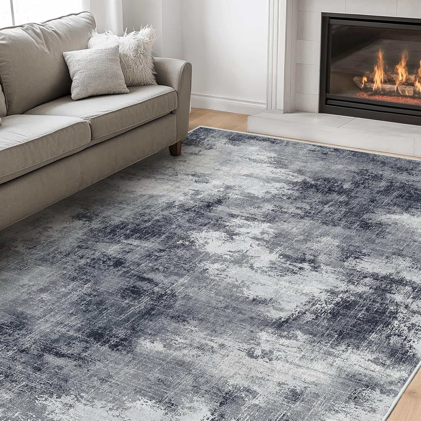 AMADA HOMEFURNISHING 8x10 Washable Area Rug, Modern Abstract Living Room Rug with Non-Slip Backing & Short Pile, Large Rug with Abstract Pattern for Living Room, Bedroom and Dinning Room, Dark Blue