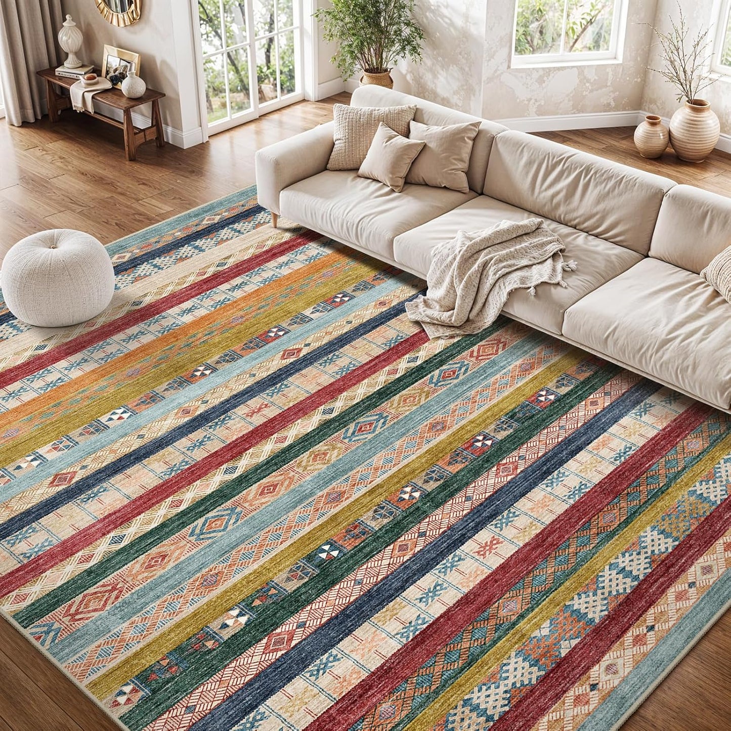 Washable Modern Area Rug: 10x14 Large Geometric Area Rugs for Living Room & Bedroom with Non-Slip Backing Modern Geometric Carpet for Living Room Brown Grey 10'x14'.