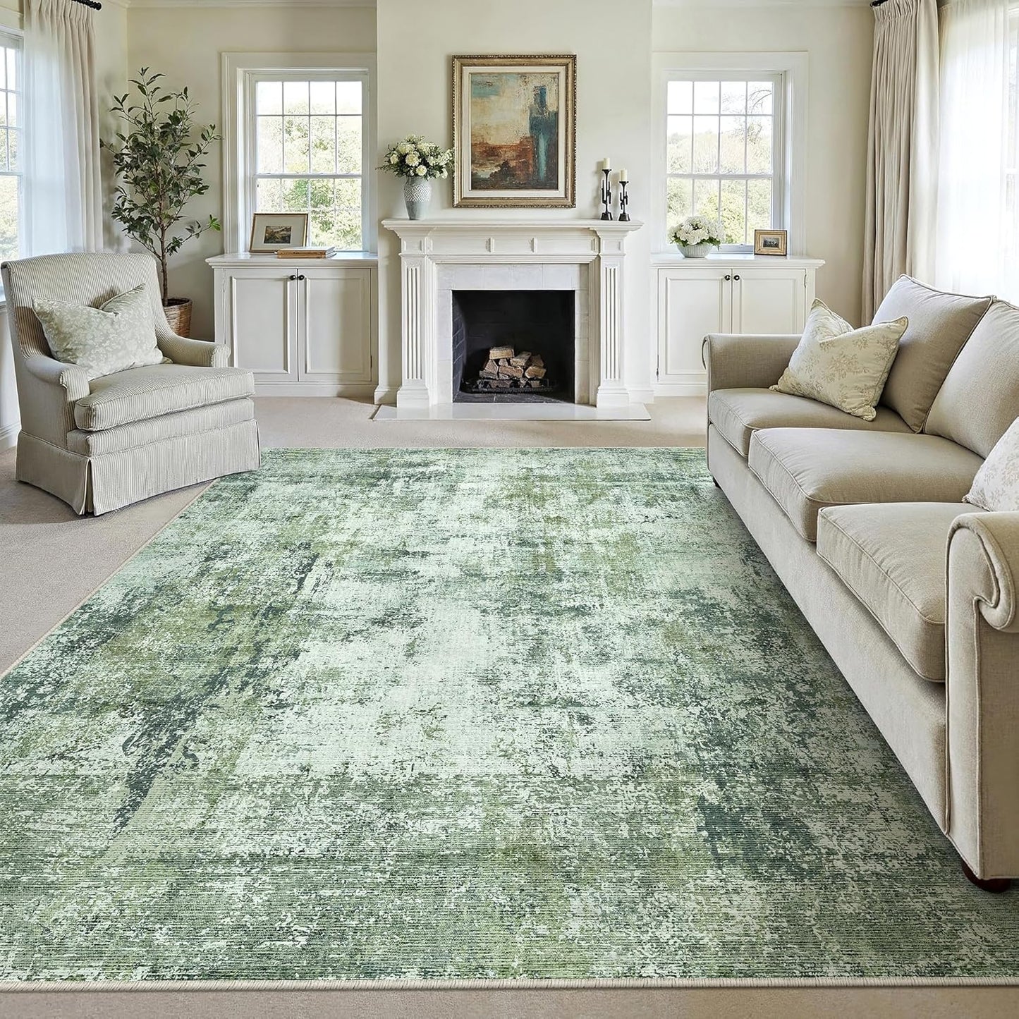 6x9 Washable Area Rug Beige Grey Neutral Abstract Living Room Bedroom Large Throw Rug Non Slip Soft Low Pile Indoor Floor Carpet for Dining Room Kitchen Office Entryway