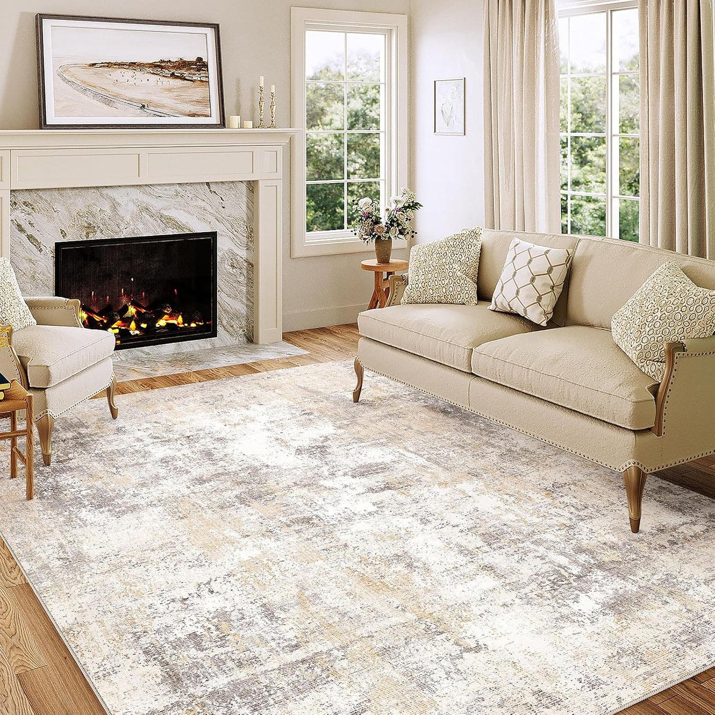 6x9 Washable Area Rug Beige Grey Neutral Abstract Living Room Bedroom Large Throw Rug Non Slip Soft Low Pile Indoor Floor Carpet for Dining Room Kitchen Office Entryway