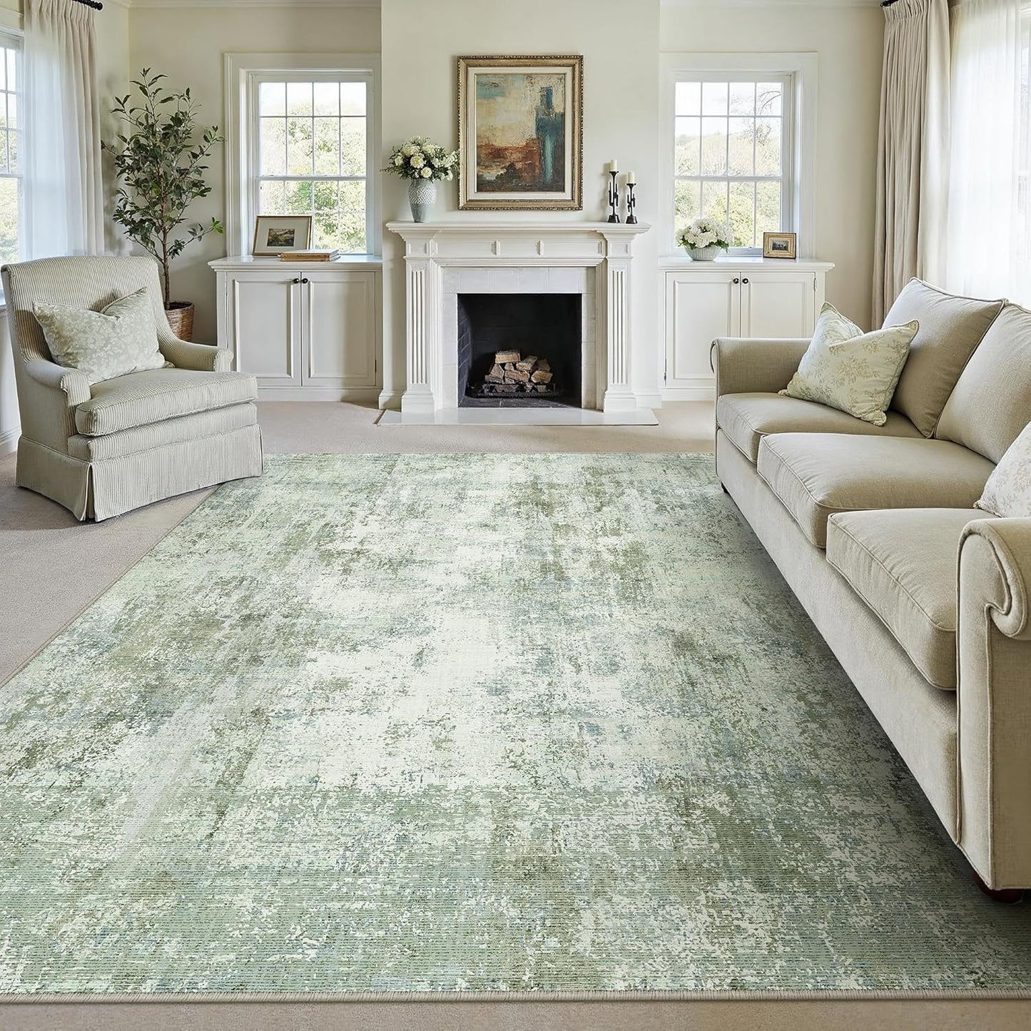 6x9 Washable Area Rug Beige Grey Neutral Abstract Living Room Bedroom Large Throw Rug Non Slip Soft Low Pile Indoor Floor Carpet for Dining Room Kitchen Office Entryway