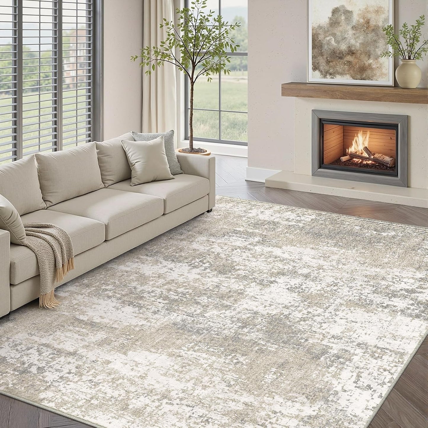 Washable Brown Area Rug 8x10 Modern Abstract Living Room Large Carpet Bedroom Neutral Soft Throw Rug Low Pile Non Slip Indoor Contemporary Floor Cover for Dining Room Office