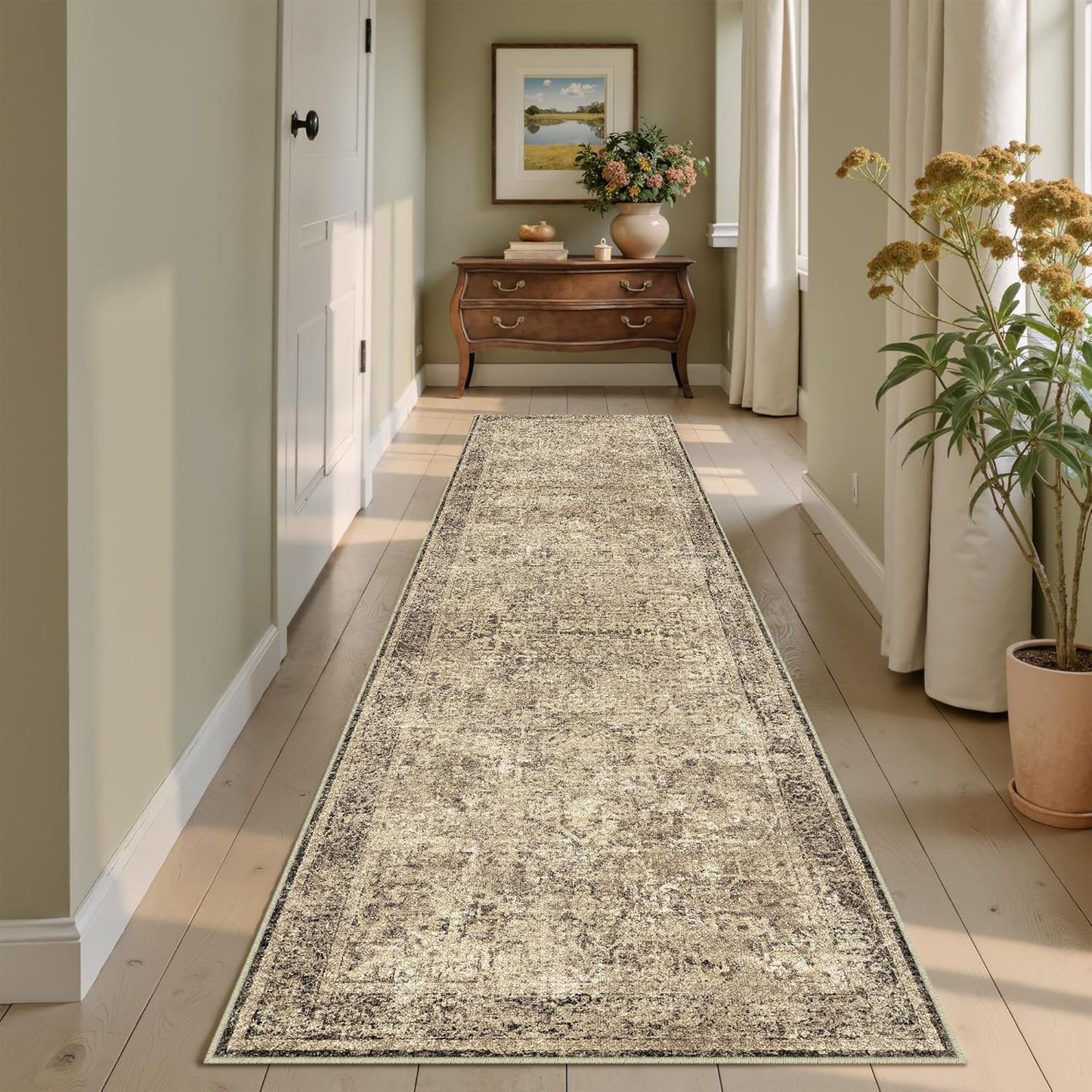 Washable Brown Area Rug 8x10 Modern Abstract Living Room Large Carpet Bedroom Neutral Soft Throw Rug Low Pile Non Slip Indoor Contemporary Floor Cover for Dining Room Office