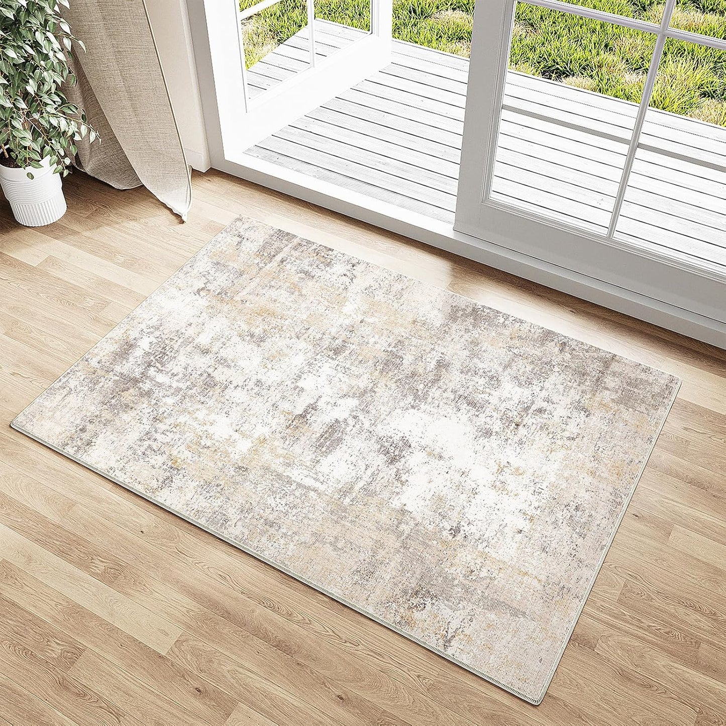 6x9 Washable Area Rug Beige Grey Neutral Abstract Living Room Bedroom Large Throw Rug Non Slip Soft Low Pile Indoor Floor Carpet for Dining Room Kitchen Office Entryway