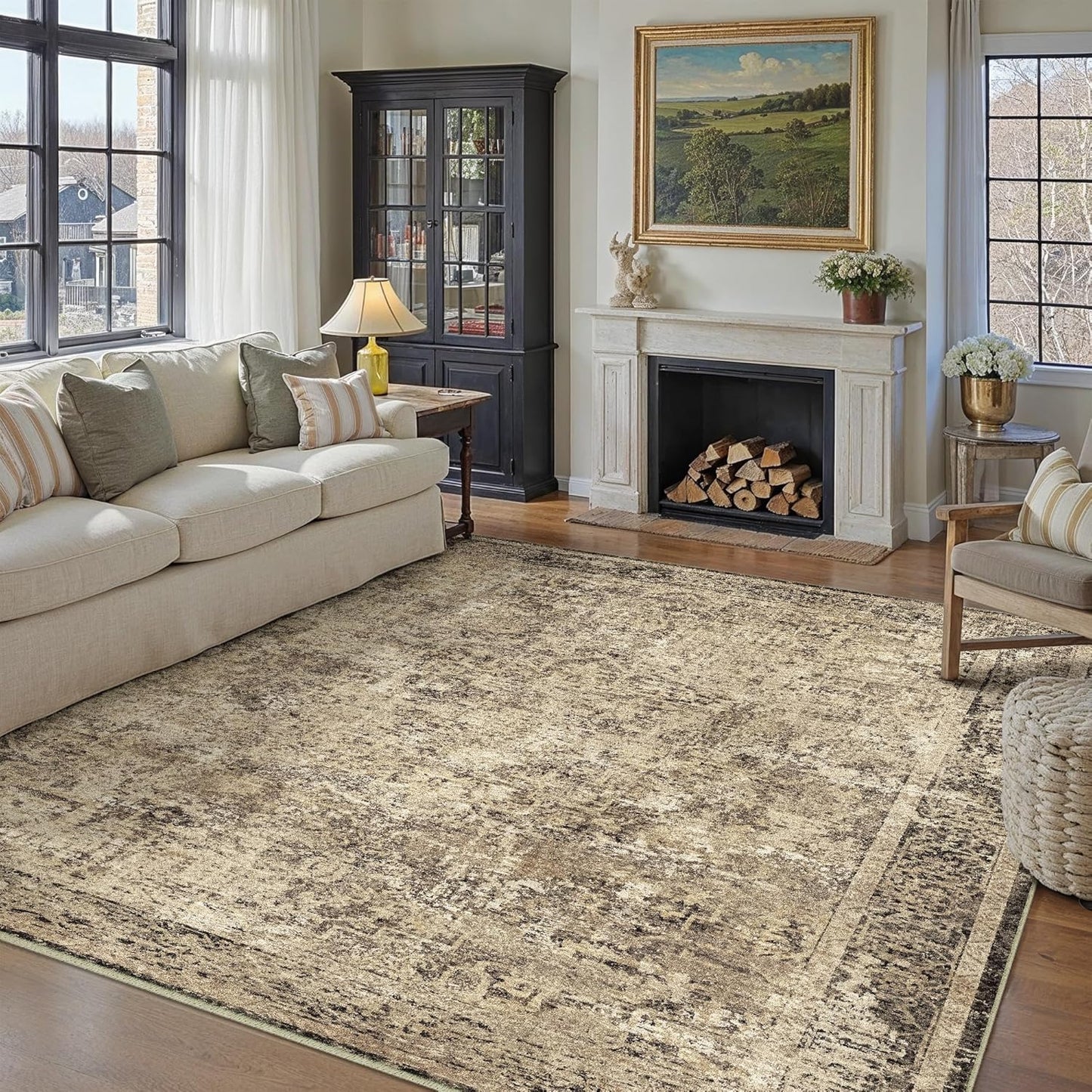 Washable Brown Area Rug 8x10 Modern Abstract Living Room Large Carpet Bedroom Neutral Soft Throw Rug Low Pile Non Slip Indoor Contemporary Floor Cover for Dining Room Office