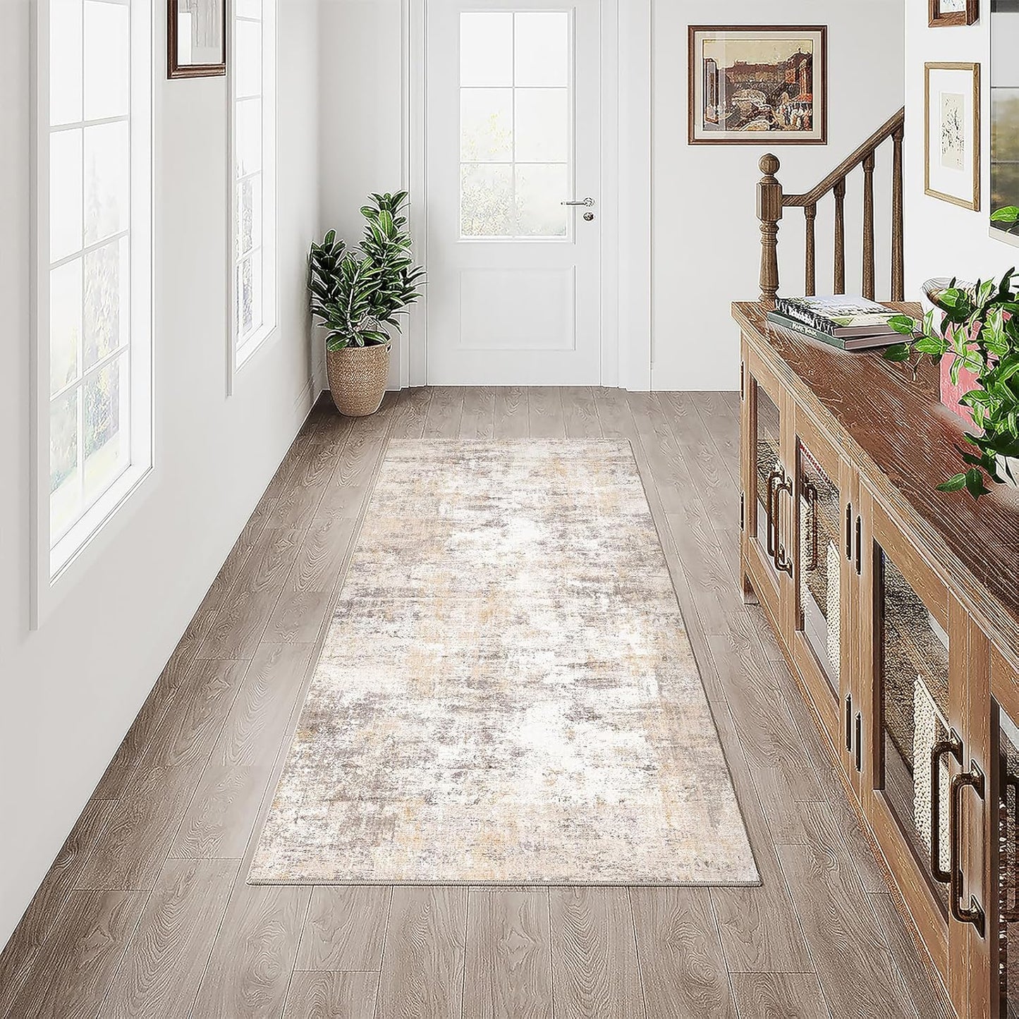 6x9 Washable Area Rug Beige Grey Neutral Abstract Living Room Bedroom Large Throw Rug Non Slip Soft Low Pile Indoor Floor Carpet for Dining Room Kitchen Office Entryway