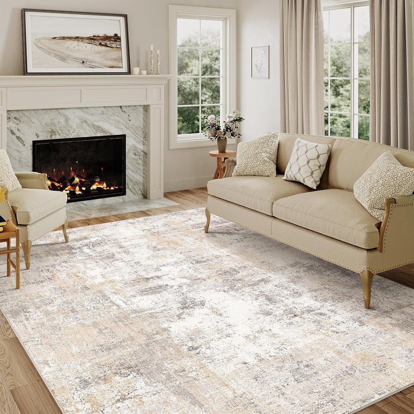 6x9 Washable Area Rug Beige Grey Neutral Abstract Living Room Bedroom Large Throw Rug Non Slip Soft Low Pile Indoor Floor Carpet for Dining Room Kitchen Office Entryway