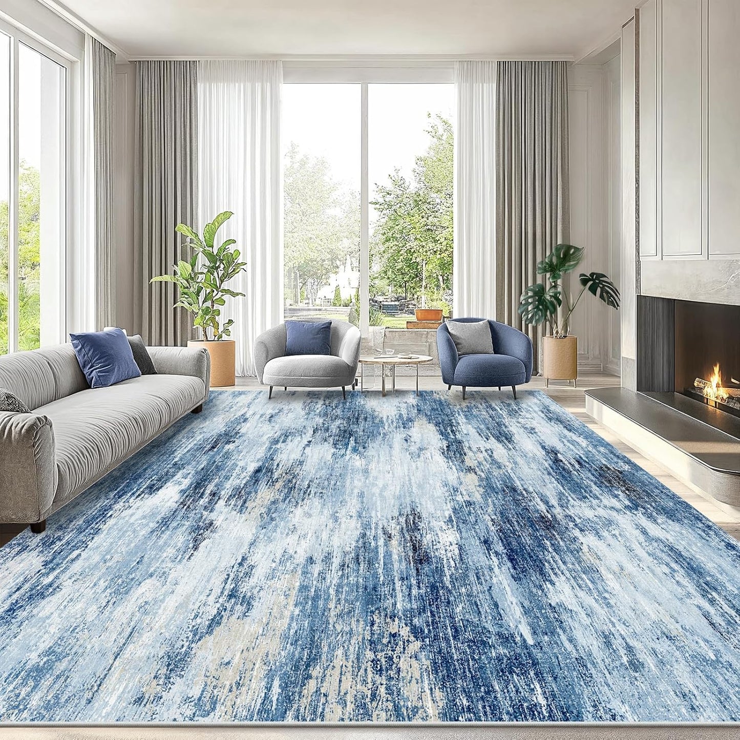 AMADA HOMEFURNISHING 8x10 Washable Area Rug, Modern Abstract Living Room Rug with Non-Slip Backing & Short Pile, Large Rug with Abstract Pattern for Living Room, Bedroom and Dinning Room, Dark Blue