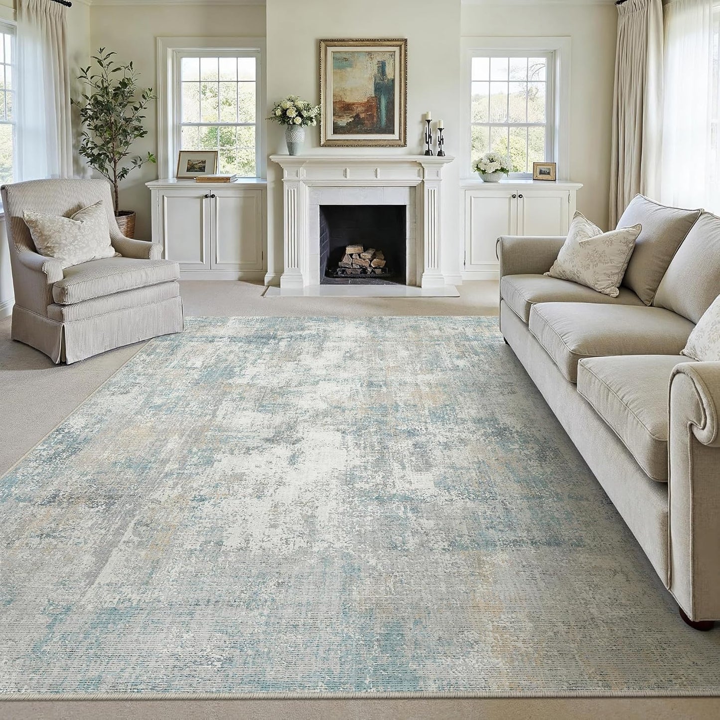 6x9 Washable Area Rug Beige Grey Neutral Abstract Living Room Bedroom Large Throw Rug Non Slip Soft Low Pile Indoor Floor Carpet for Dining Room Kitchen Office Entryway