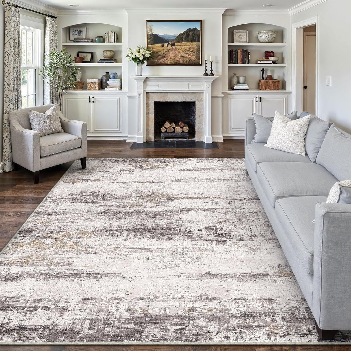 Washable Brown Area Rug 8x10 Modern Abstract Living Room Large Carpet Bedroom Neutral Soft Throw Rug Low Pile Non Slip Indoor Contemporary Floor Cover for Dining Room Office