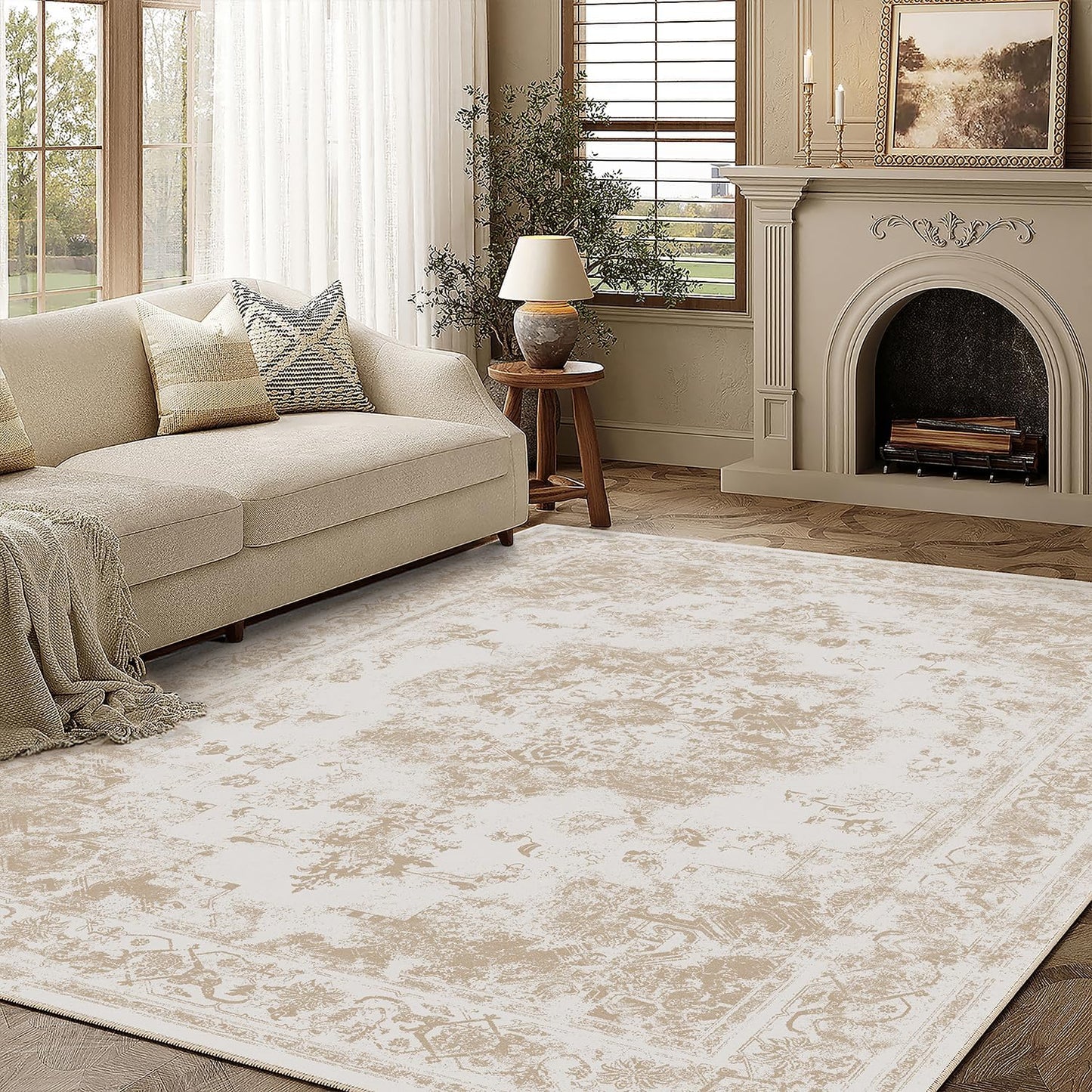 6x9 Washable Area Rug Beige Grey Neutral Abstract Living Room Bedroom Large Throw Rug Non Slip Soft Low Pile Indoor Floor Carpet for Dining Room Kitchen Office Entryway