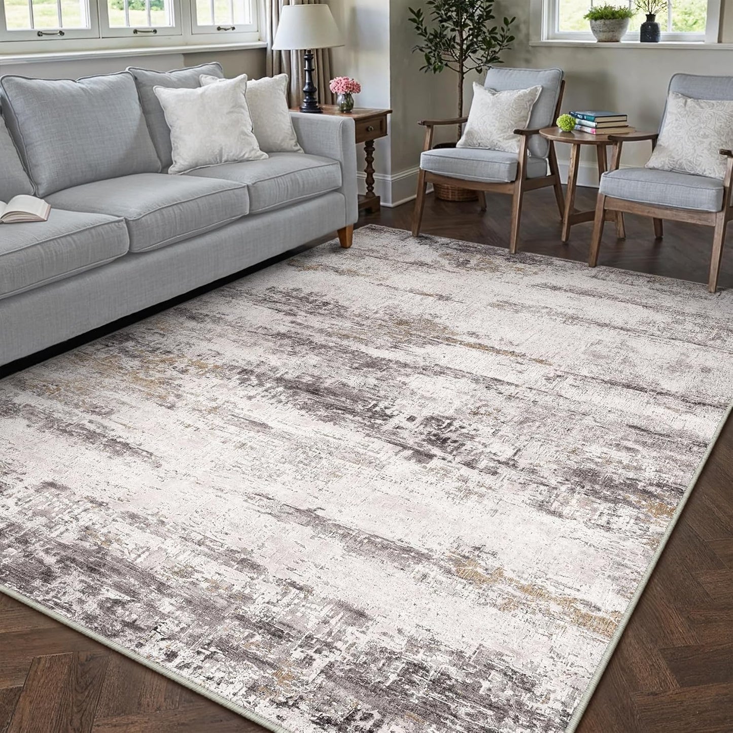 Washable Brown Area Rug 8x10 Modern Abstract Living Room Large Carpet Bedroom Neutral Soft Throw Rug Low Pile Non Slip Indoor Contemporary Floor Cover for Dining Room Office