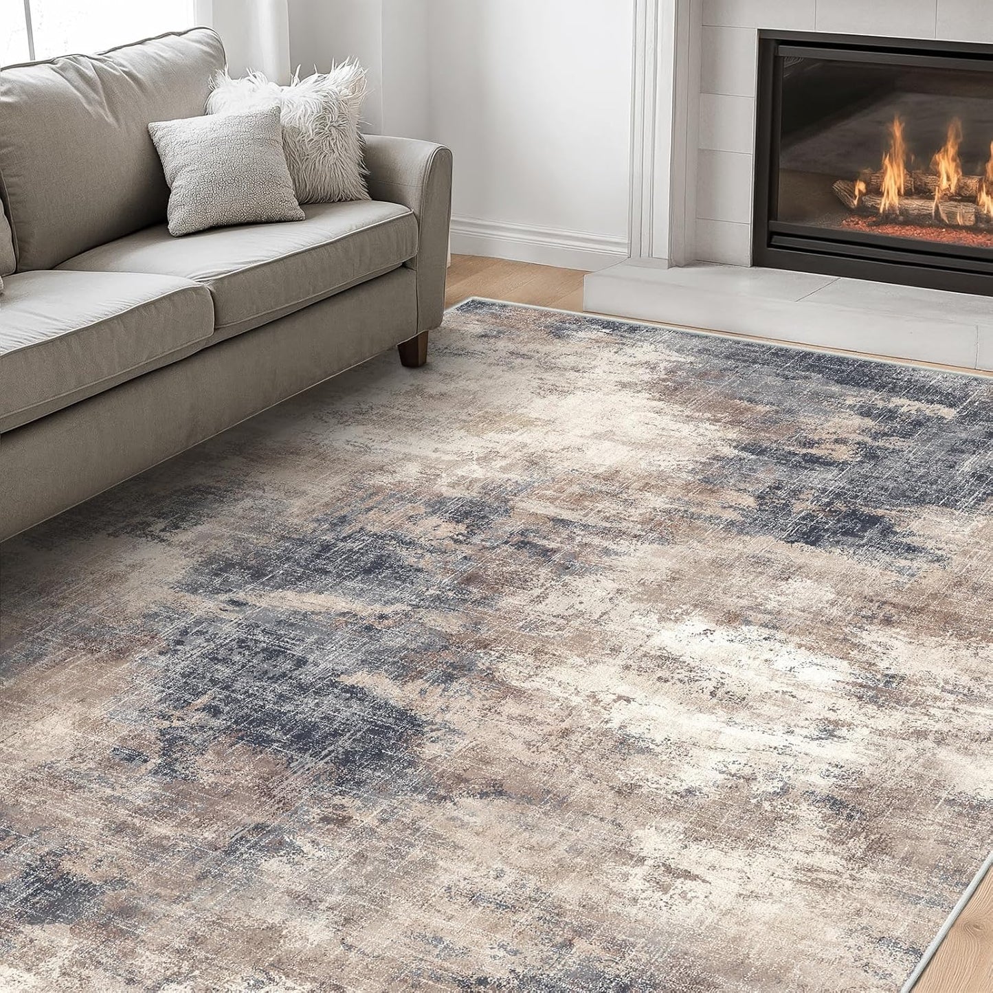 AMADA HOMEFURNISHING 8x10 Washable Area Rug, Modern Abstract Living Room Rug with Non-Slip Backing & Short Pile, Large Rug with Abstract Pattern for Living Room, Bedroom and Dinning Room, Dark Blue