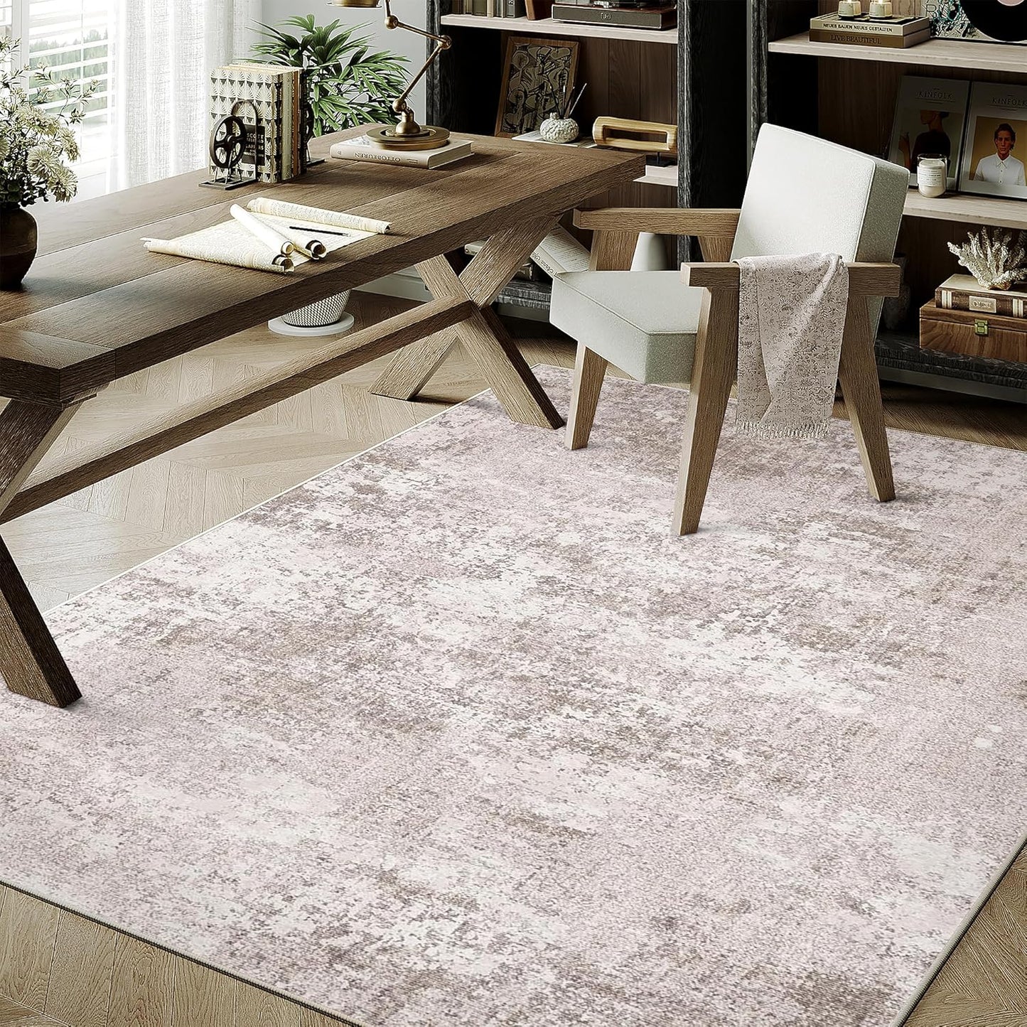 Washable Brown Area Rug 8x10 Modern Abstract Living Room Large Carpet Bedroom Neutral Soft Throw Rug Low Pile Non Slip Indoor Contemporary Floor Cover for Dining Room Office