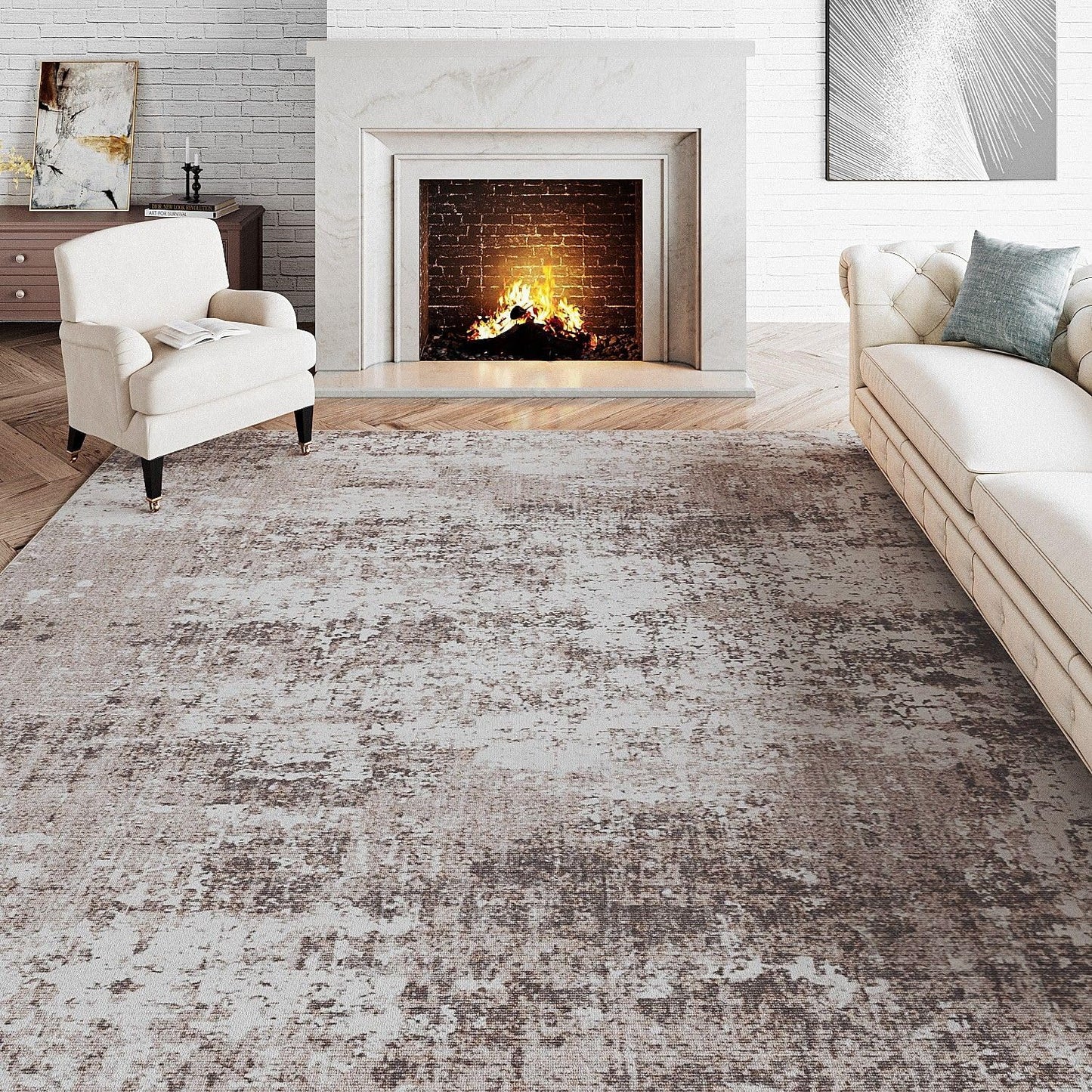 Washable Brown Area Rug 8x10 Modern Abstract Living Room Large Carpet Bedroom Neutral Soft Throw Rug Low Pile Non Slip Indoor Contemporary Floor Cover for Dining Room Office