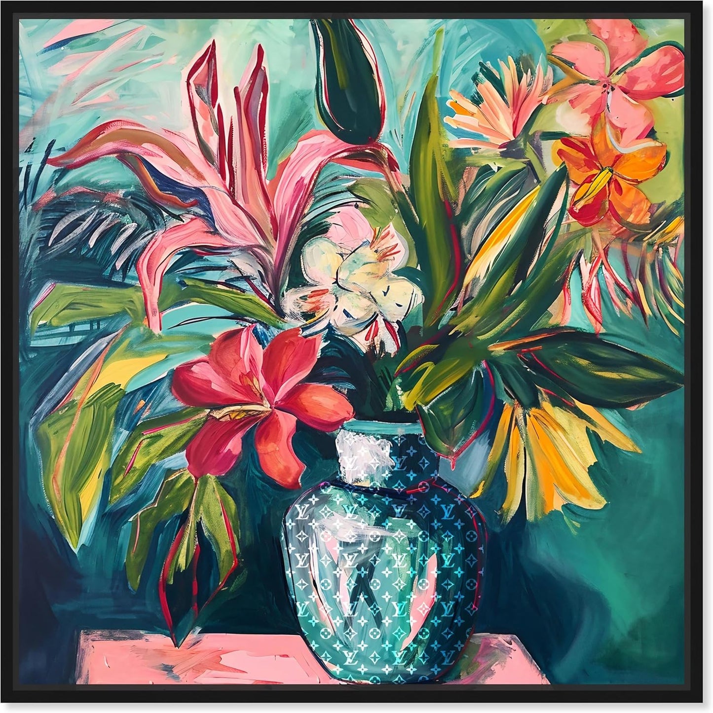 Vase Of Tropical Flowers Framed Flowers In Vase Paintings, 41.5" x 41.5", Gold Frame