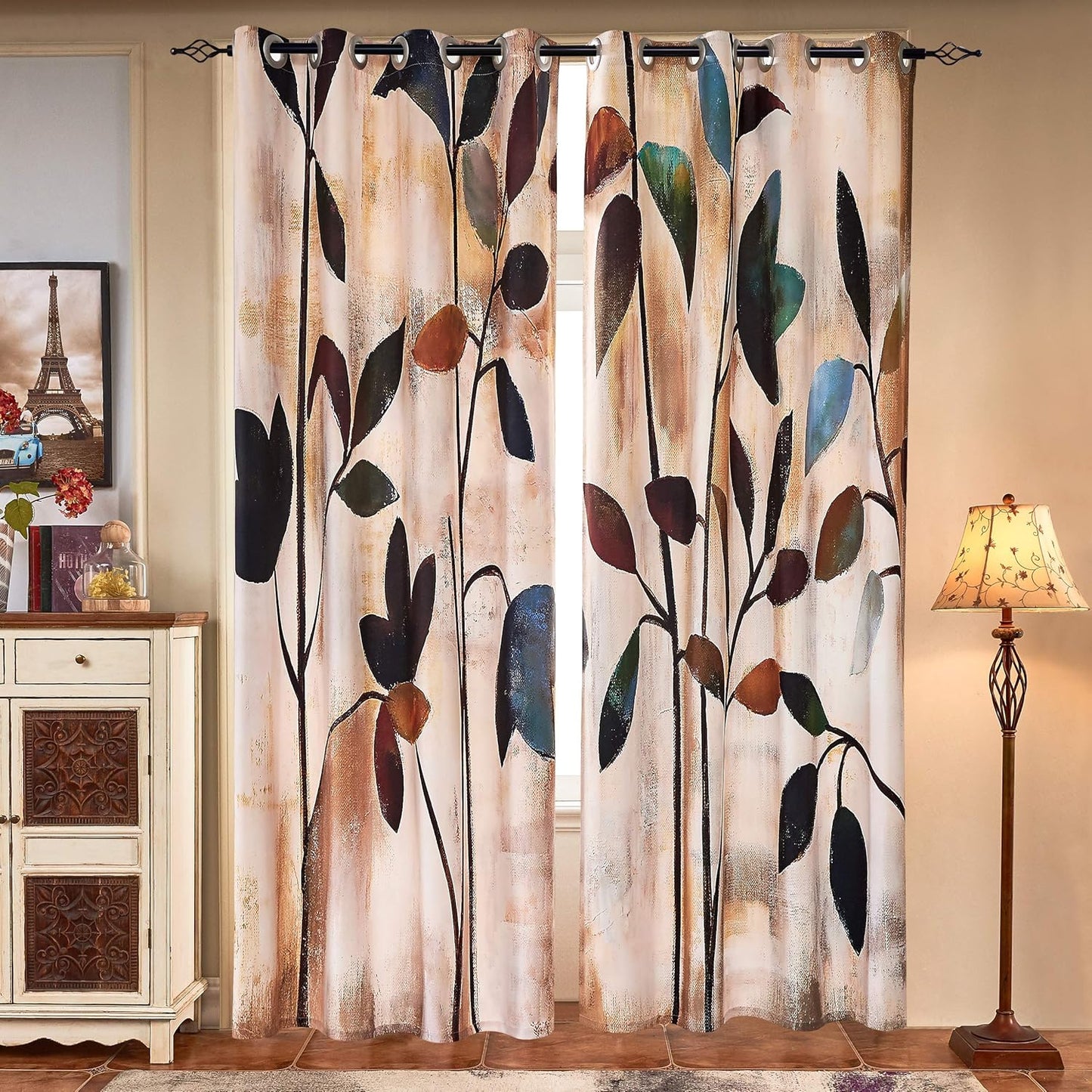 SUBRTEX Light Flitering Curtains 52Wx84L, Room Darkening Vibrant Floral Drapes, 50% Blackout, Semi Sheer Boho Farmhouse Curtains for Living Room, Brown