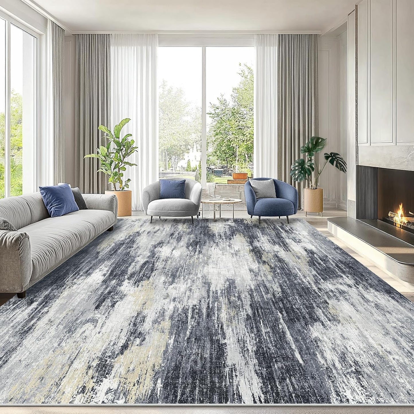 AMADA HOMEFURNISHING 8x10 Washable Area Rug, Modern Abstract Living Room Rug with Non-Slip Backing & Short Pile, Large Rug with Abstract Pattern for Living Room, Bedroom and Dinning Room, Dark Blue