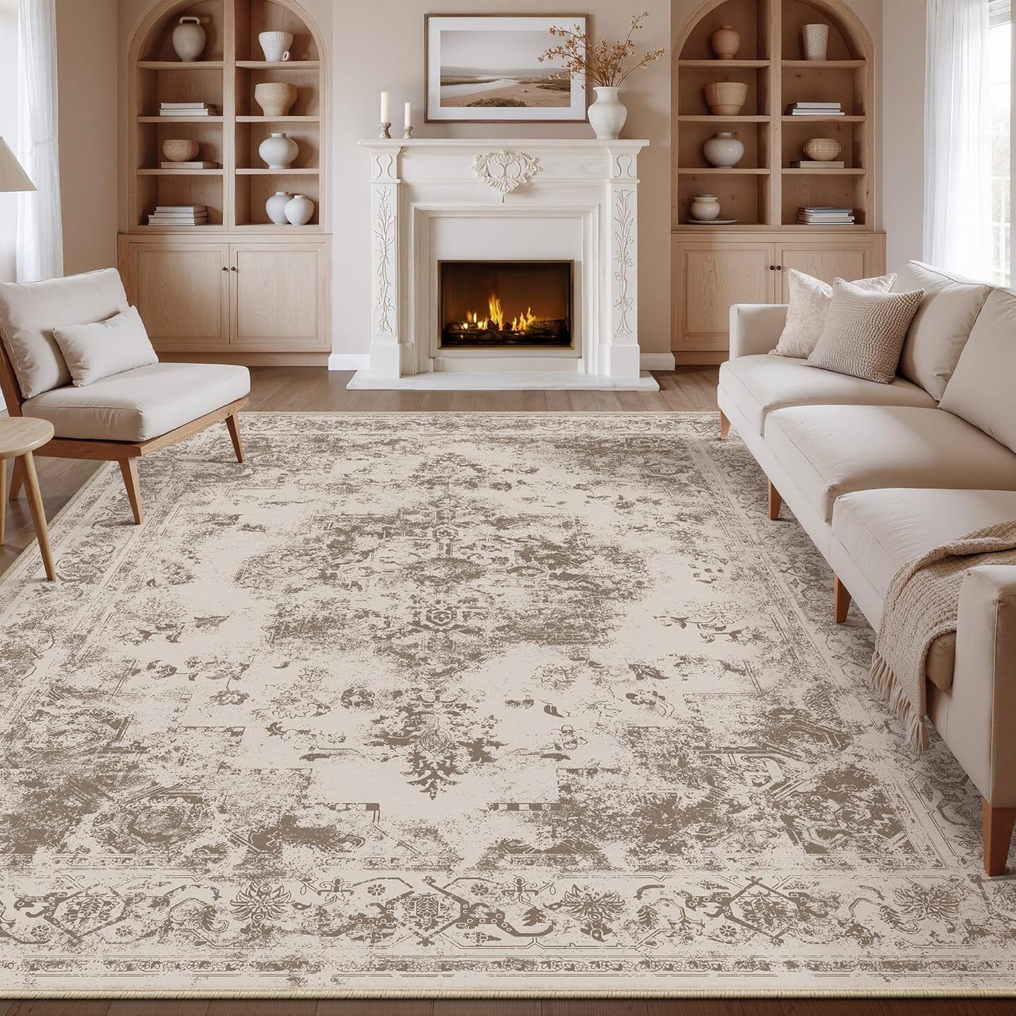 6x9 Washable Area Rug Beige Grey Neutral Abstract Living Room Bedroom Large Throw Rug Non Slip Soft Low Pile Indoor Floor Carpet for Dining Room Kitchen Office Entryway