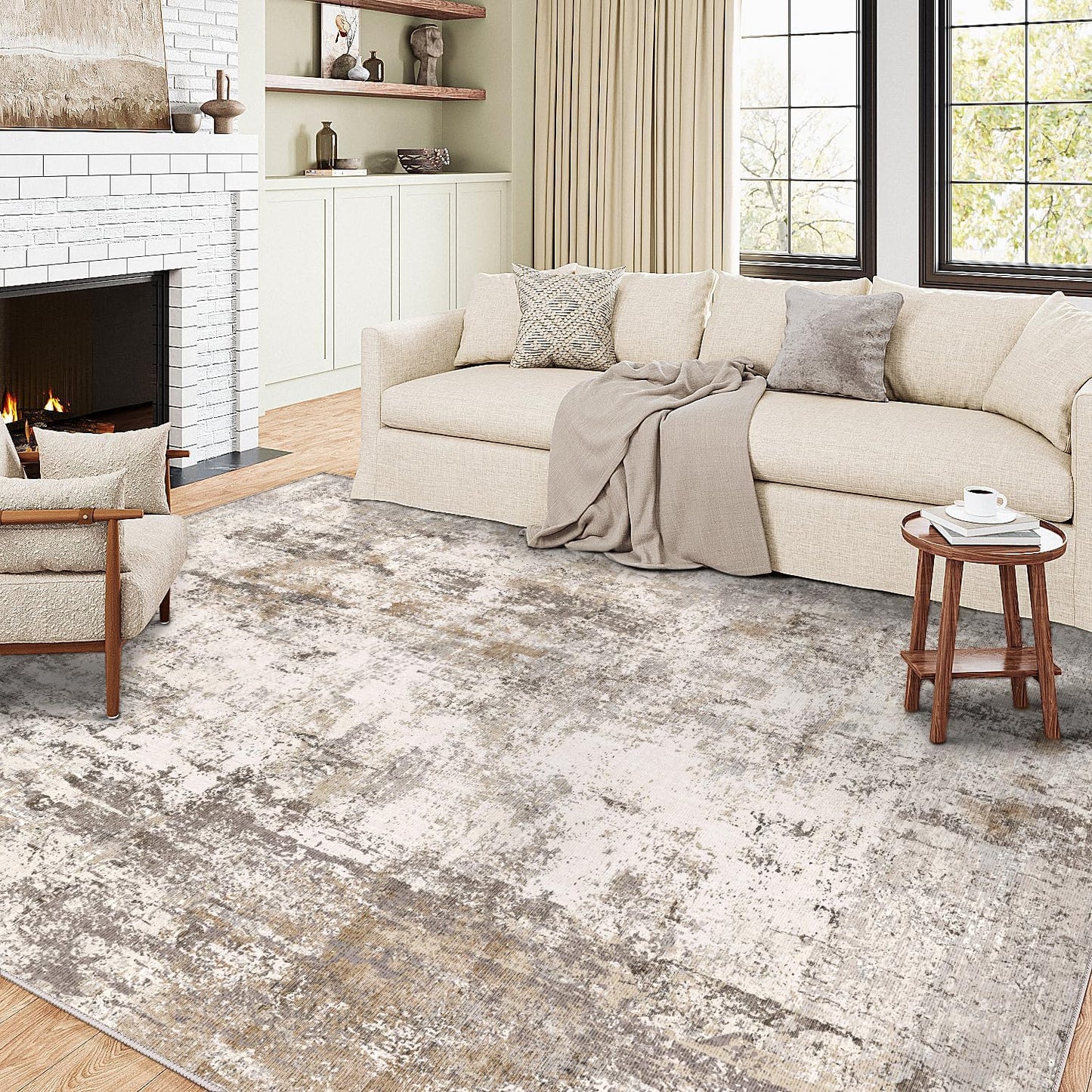 6x9 Washable Area Rug Beige Grey Neutral Abstract Living Room Bedroom Large Throw Rug Non Slip Soft Low Pile Indoor Floor Carpet for Dining Room Kitchen Office Entryway
