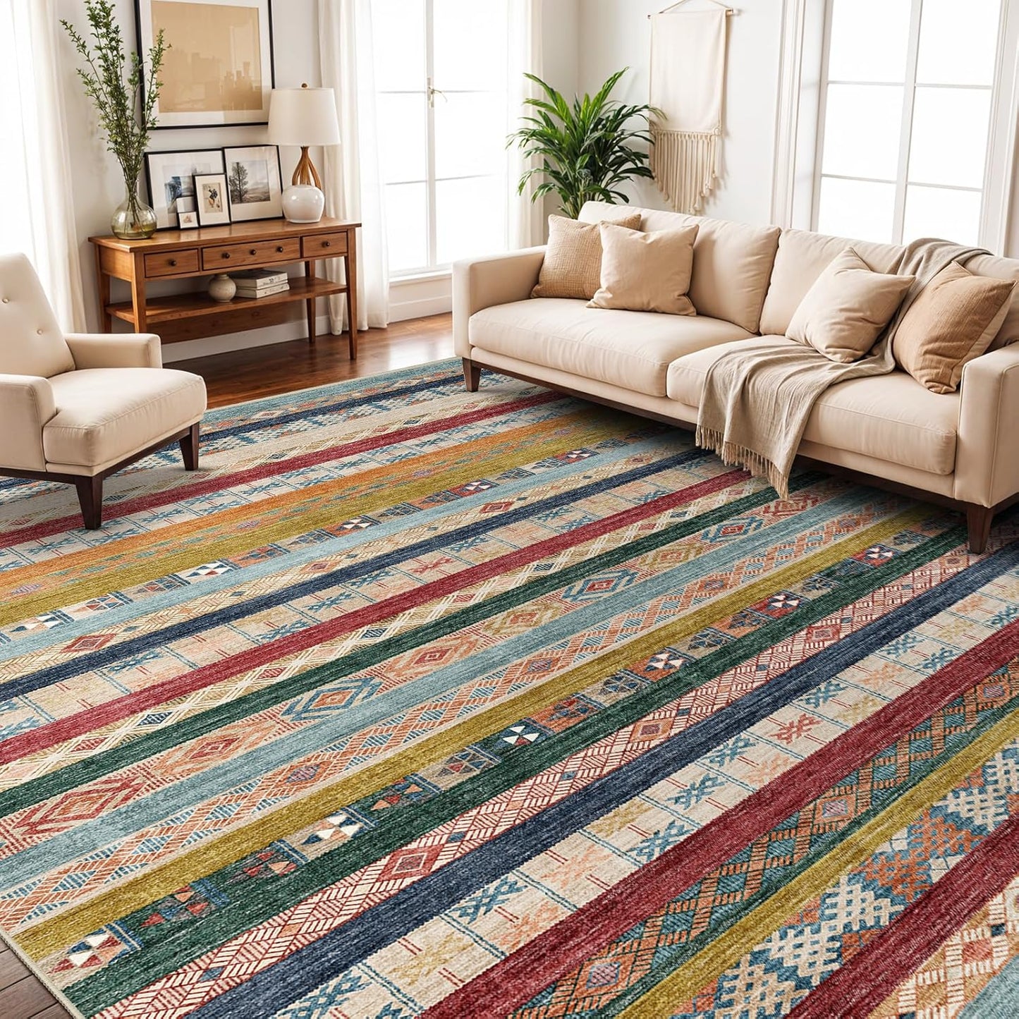 Washable Modern Area Rug: 10x14 Large Geometric Area Rugs for Living Room & Bedroom with Non-Slip Backing Modern Geometric Carpet for Living Room Brown Grey 10'x14'.