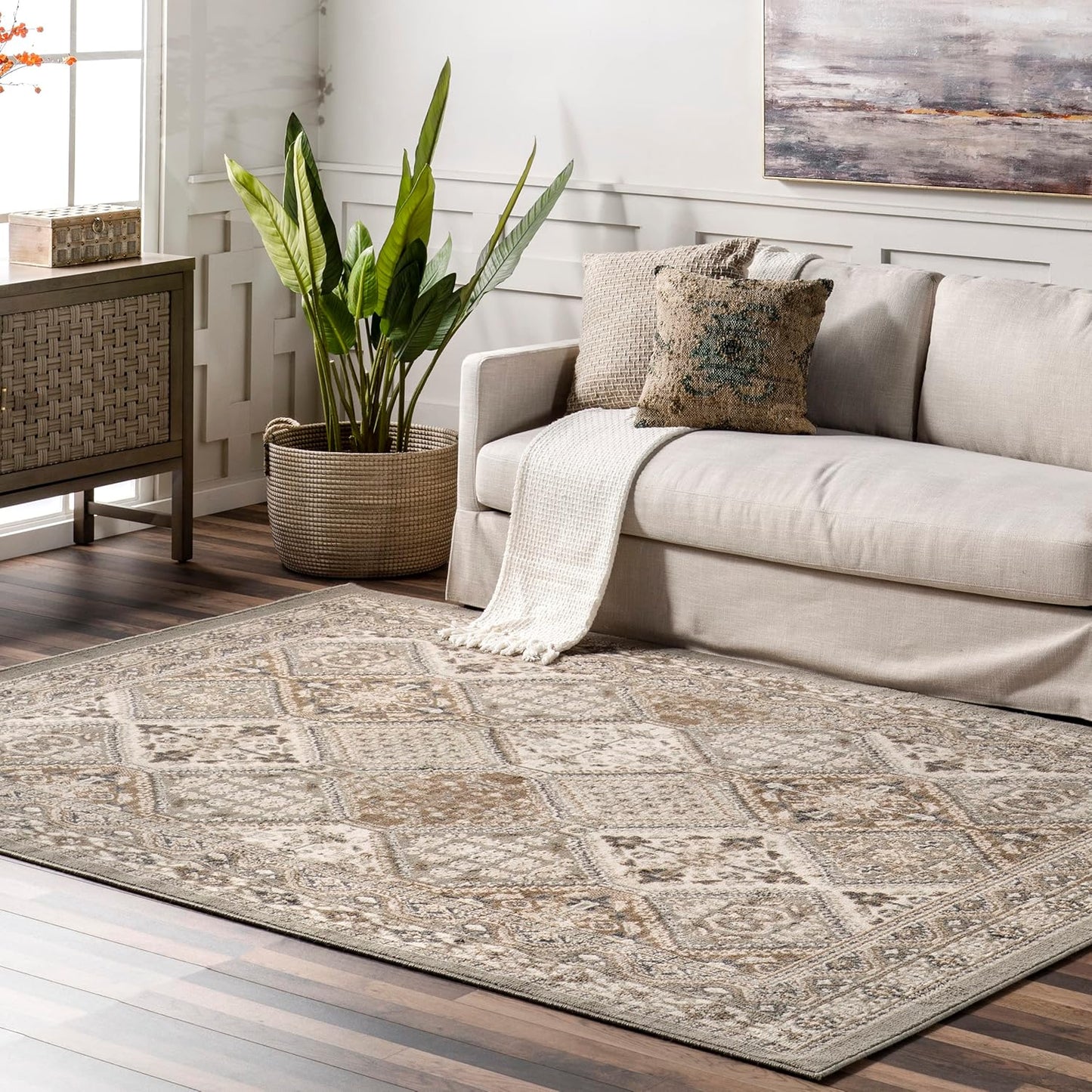 nuLOOM 9x12 Becca Traditional Tiled Area Rug, Beige, Faded Transitional Design, Stain Resistant, For Bedroom, Dining Room, Living Room, Hallway, Office, Kitchen, Entryway