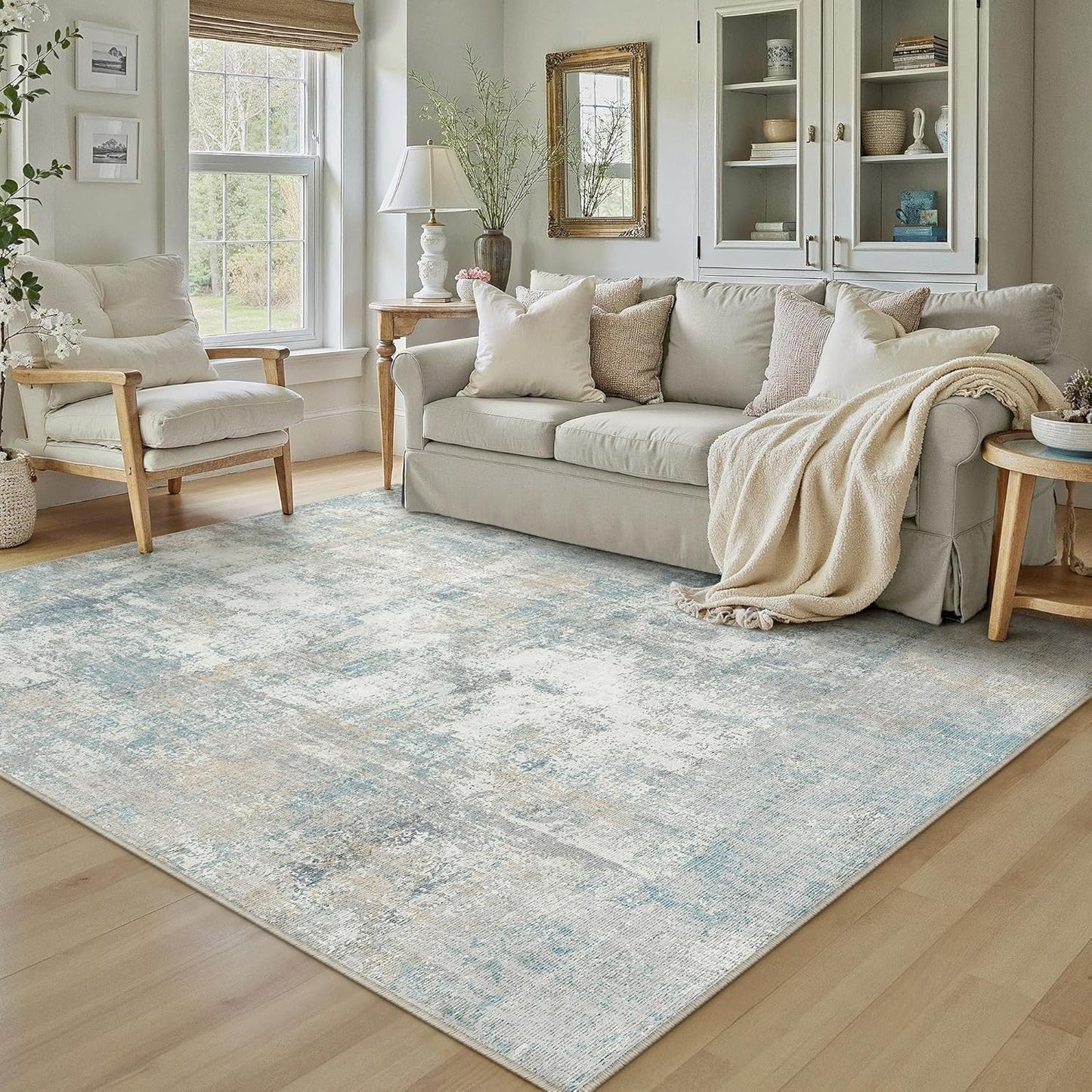 6x9 Washable Area Rug Beige Grey Neutral Abstract Living Room Bedroom Large Throw Rug Non Slip Soft Low Pile Indoor Floor Carpet for Dining Room Kitchen Office Entryway
