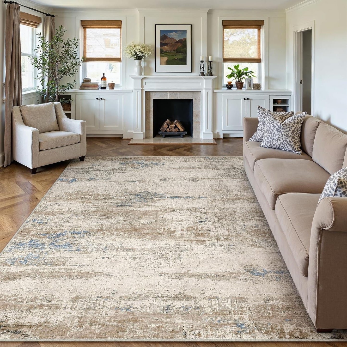 Washable Brown Area Rug 8x10 Modern Abstract Living Room Large Carpet Bedroom Neutral Soft Throw Rug Low Pile Non Slip Indoor Contemporary Floor Cover for Dining Room Office