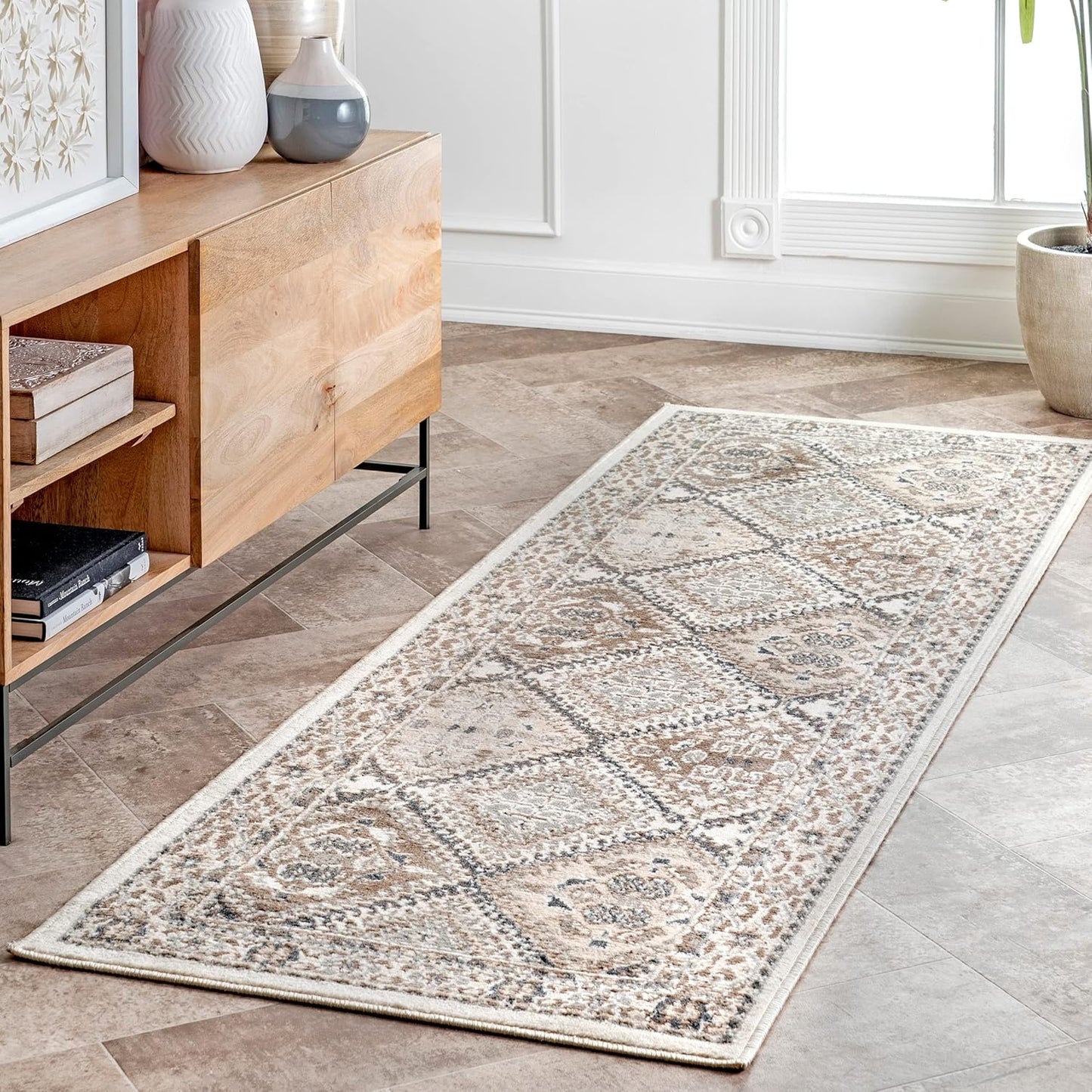 nuLOOM 9x12 Becca Traditional Tiled Area Rug, Beige, Faded Transitional Design, Stain Resistant, For Bedroom, Dining Room, Living Room, Hallway, Office, Kitchen, Entryway