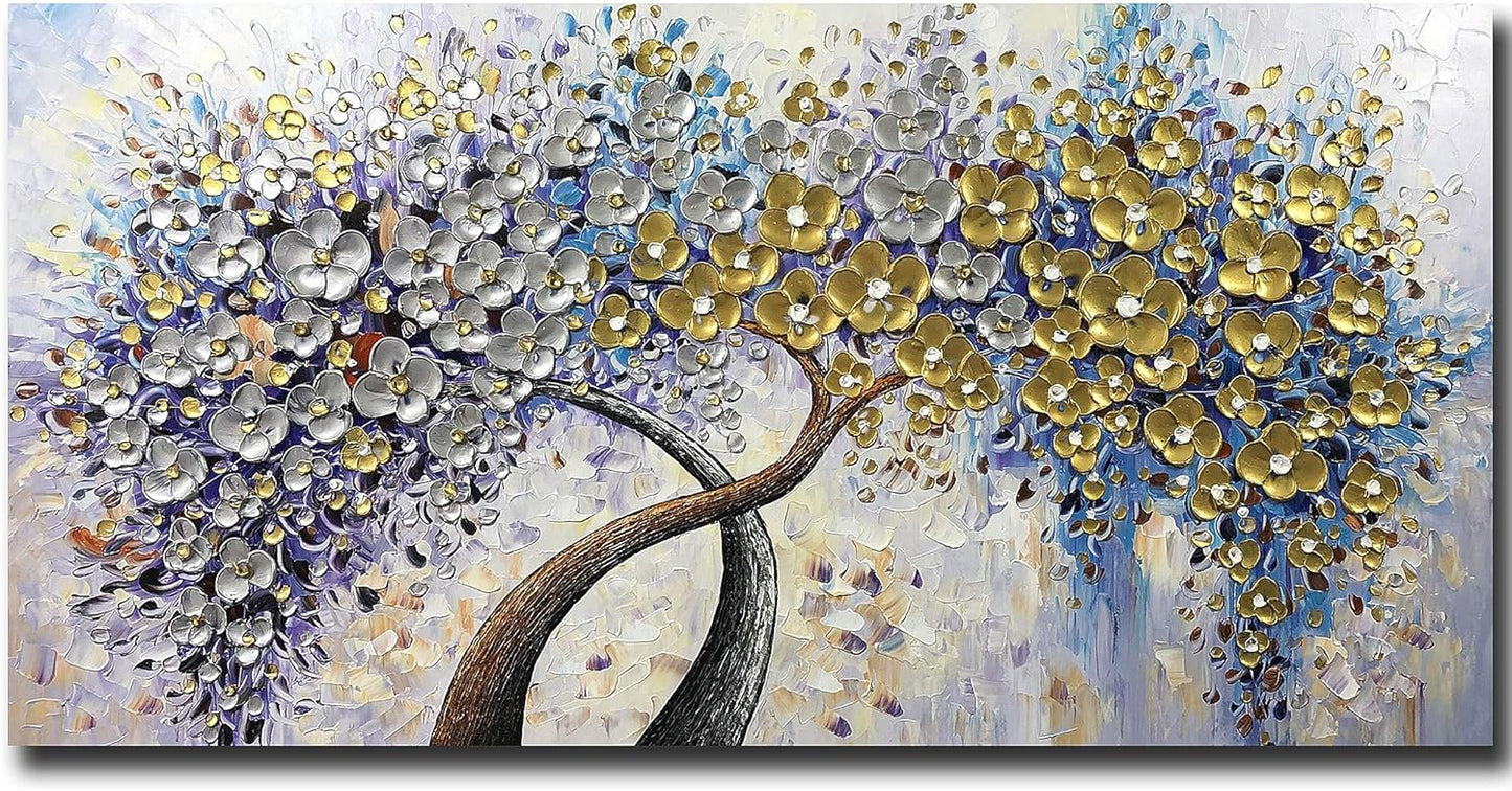 V-inspire Art,30x60 Inch Modern 3D Hand Painted Lucky Flower Tree Oil Paintings Acrylic Painted Wood Frame Decoration Abstract Canvas Wall Art Living Room Bedroom Dining Room Home Ornament