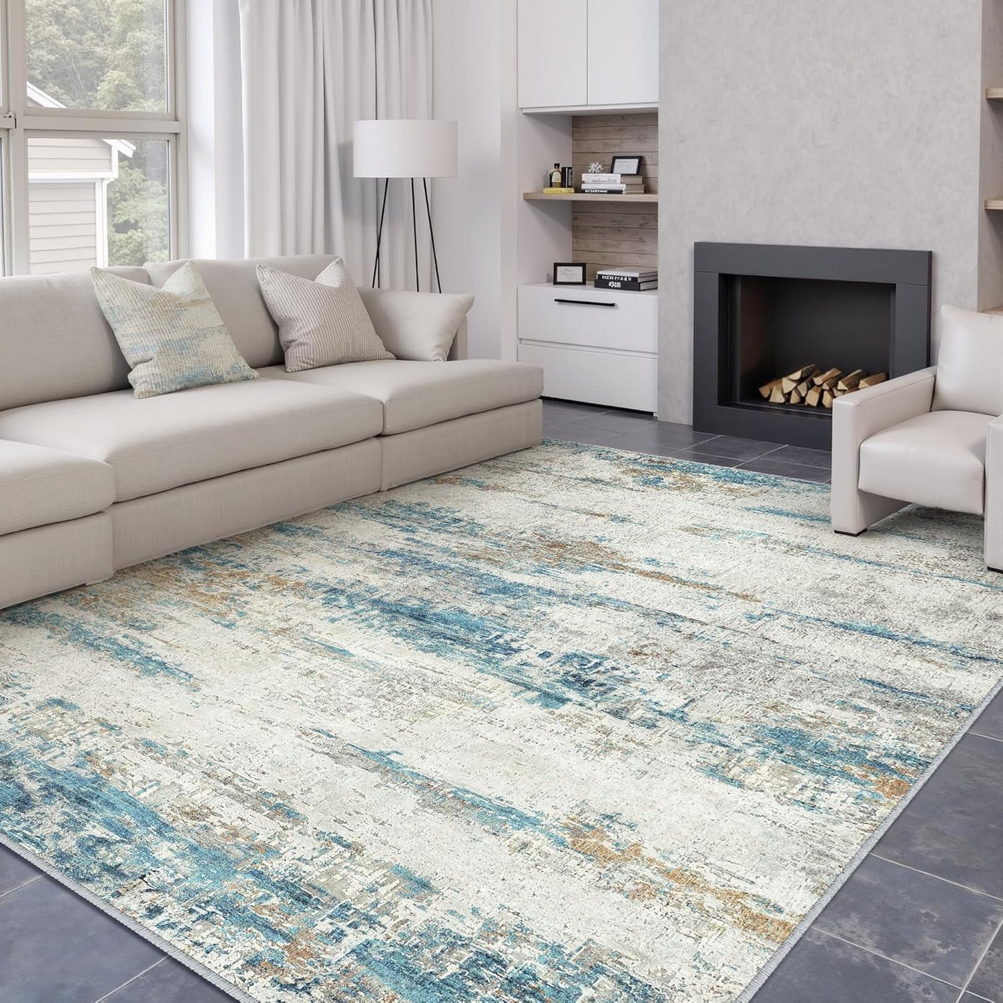 Washable Brown Area Rug 8x10 Modern Abstract Living Room Large Carpet Bedroom Neutral Soft Throw Rug Low Pile Non Slip Indoor Contemporary Floor Cover for Dining Room Office