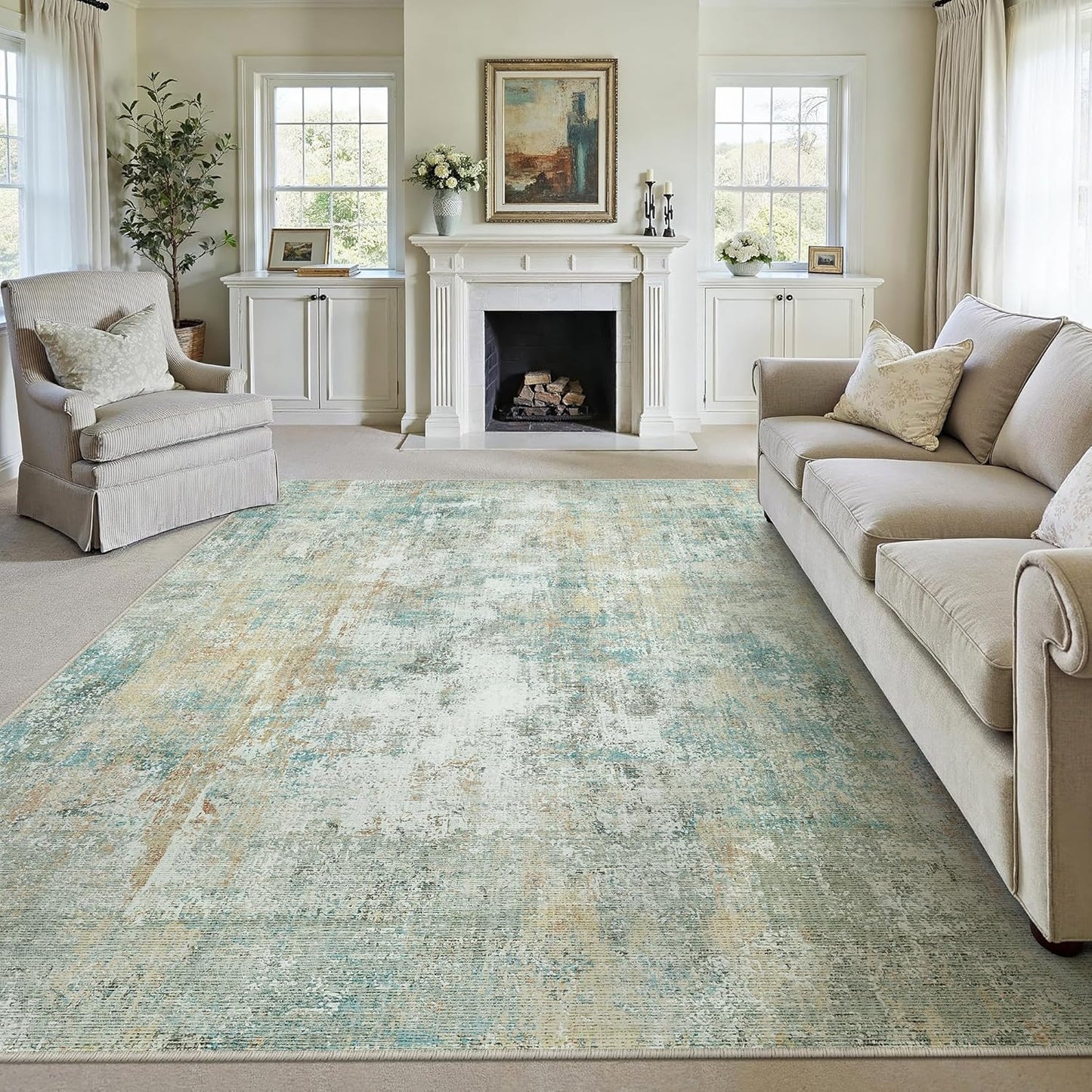 6x9 Washable Area Rug Beige Grey Neutral Abstract Living Room Bedroom Large Throw Rug Non Slip Soft Low Pile Indoor Floor Carpet for Dining Room Kitchen Office Entryway