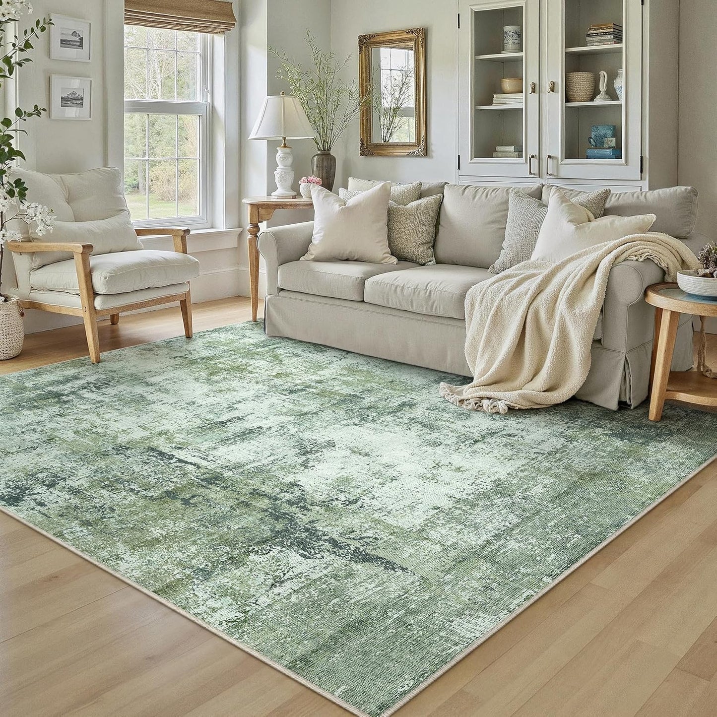 6x9 Washable Area Rug Beige Grey Neutral Abstract Living Room Bedroom Large Throw Rug Non Slip Soft Low Pile Indoor Floor Carpet for Dining Room Kitchen Office Entryway