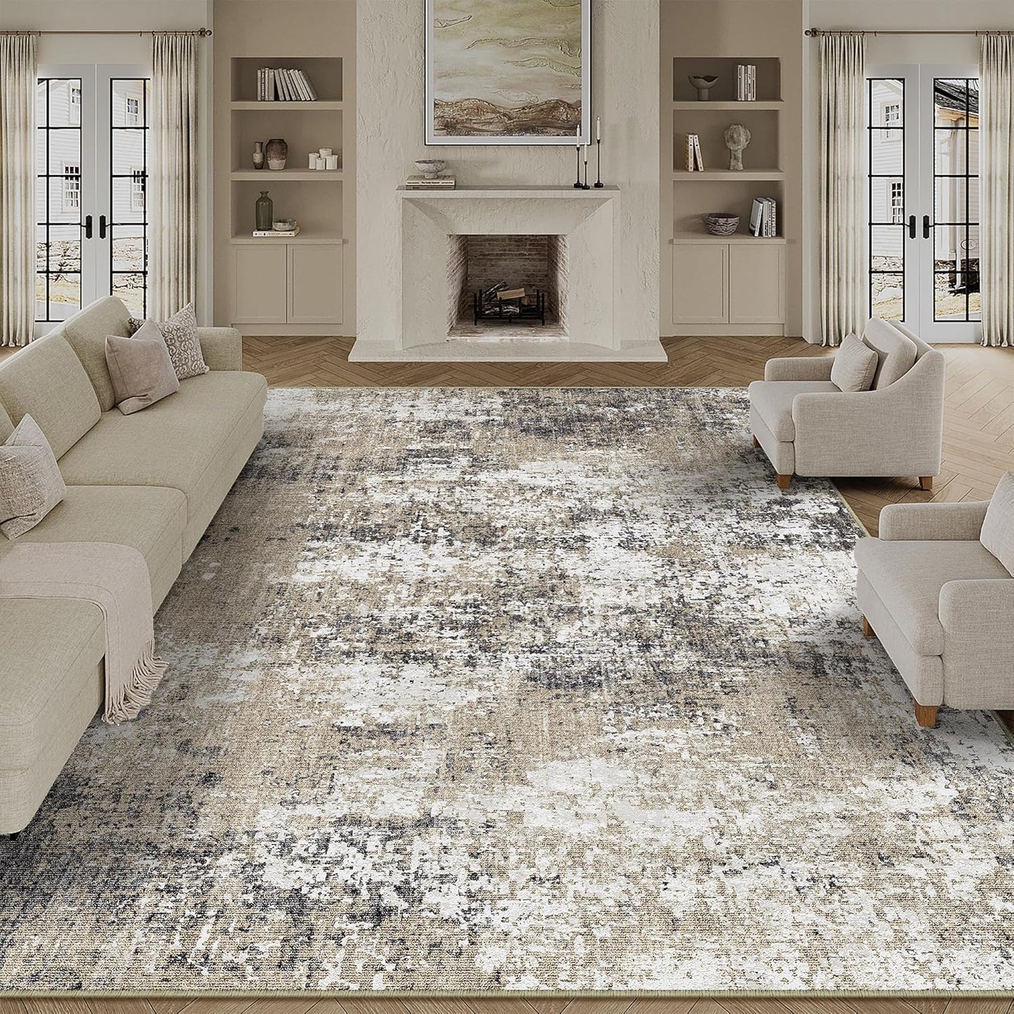 Washable Brown Area Rug 8x10 Modern Abstract Living Room Large Carpet Bedroom Neutral Soft Throw Rug Low Pile Non Slip Indoor Contemporary Floor Cover for Dining Room Office