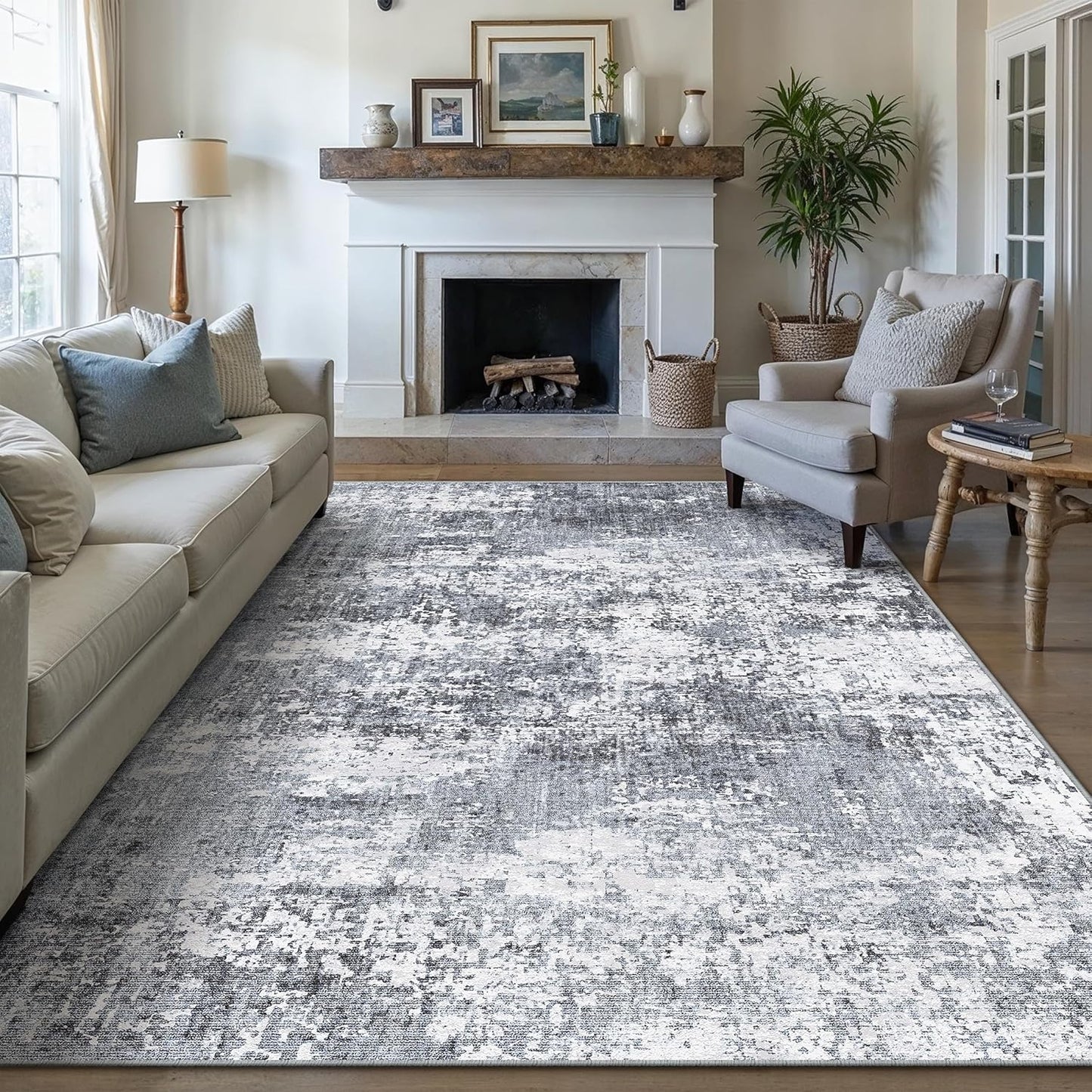 Washable Brown Area Rug 8x10 Modern Abstract Living Room Large Carpet Bedroom Neutral Soft Throw Rug Low Pile Non Slip Indoor Contemporary Floor Cover for Dining Room Office