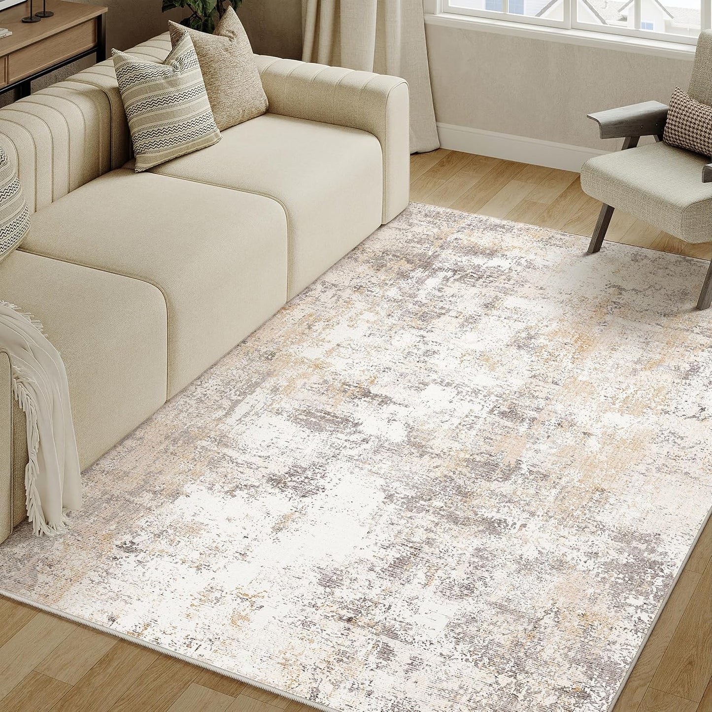 6x9 Washable Area Rug Beige Grey Neutral Abstract Living Room Bedroom Large Throw Rug Non Slip Soft Low Pile Indoor Floor Carpet for Dining Room Kitchen Office Entryway