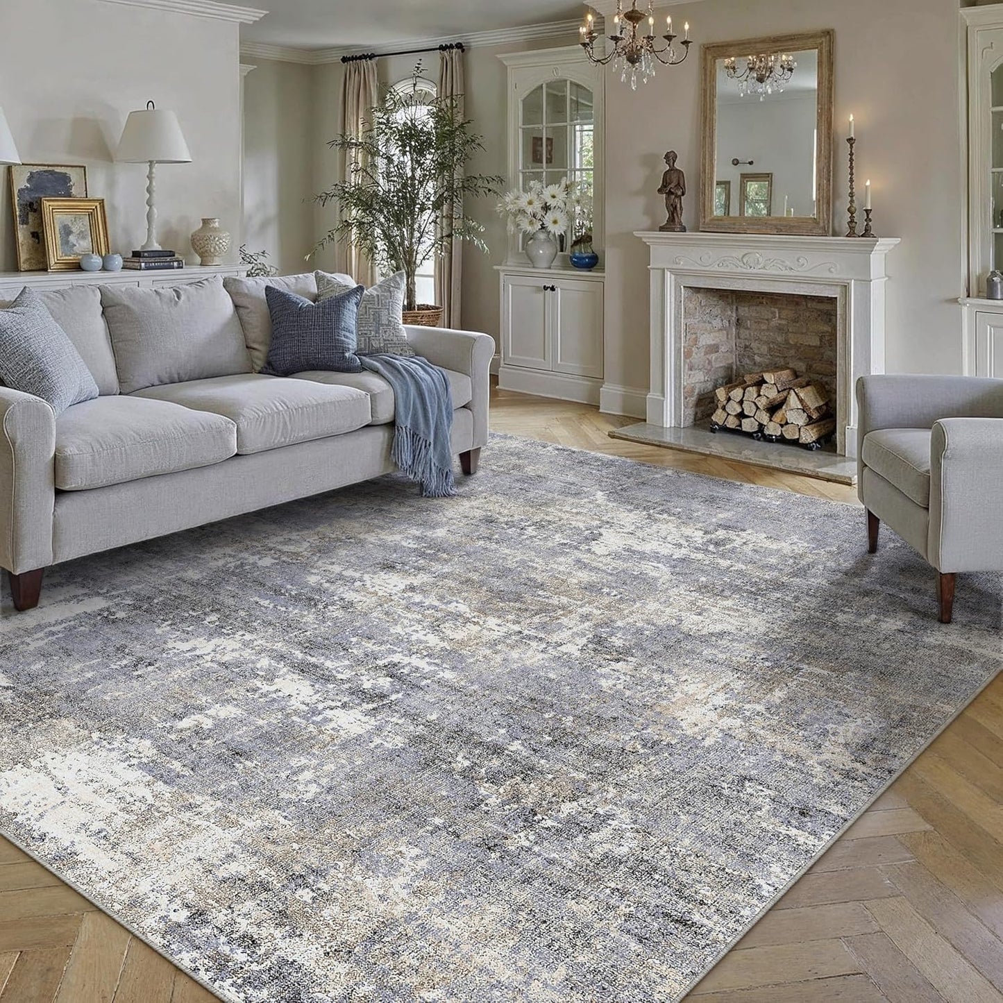 Washable Brown Area Rug 8x10 Modern Abstract Living Room Large Carpet Bedroom Neutral Soft Throw Rug Low Pile Non Slip Indoor Contemporary Floor Cover for Dining Room Office